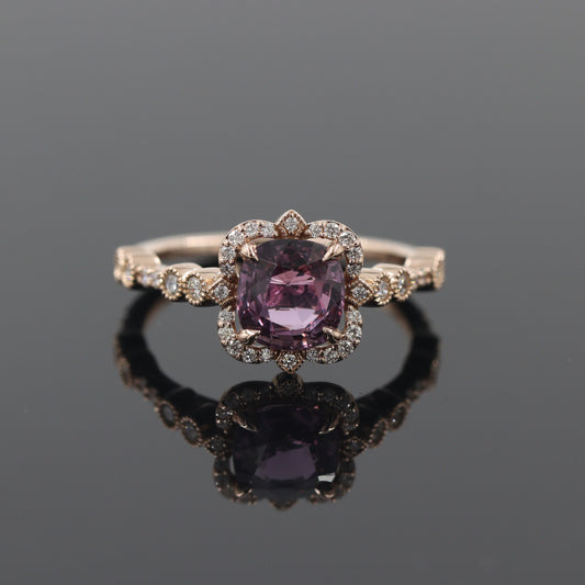 Handmade 14k Gold Cushion Cut Pink Tourmaline Ring/Pink Tourmaline Natural Diamond Halo Ring/ Anniversary Gift