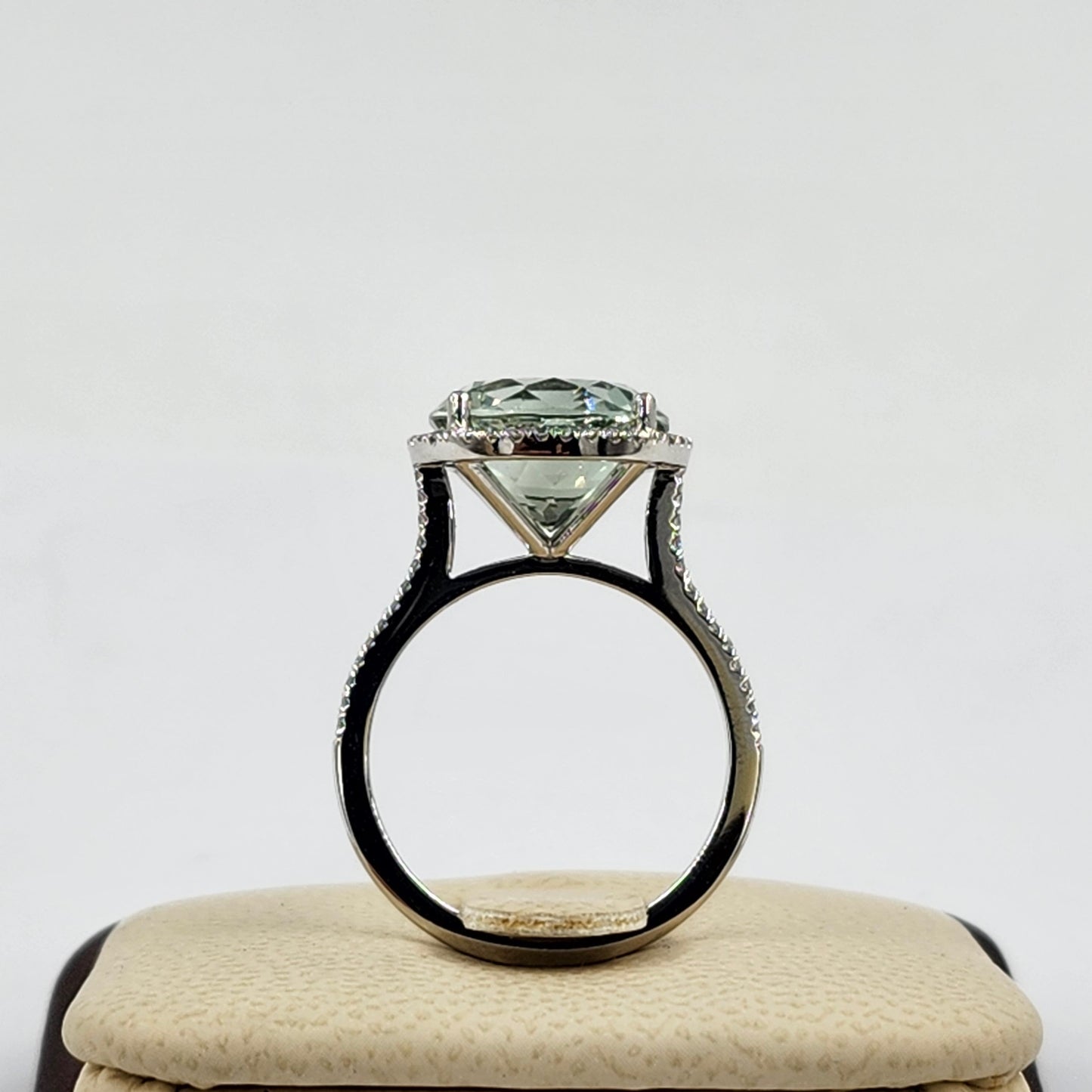 Handmade Platinum Green Amethyst Ring: Lab Grown Diamond Halo Ring - Anniversary gift