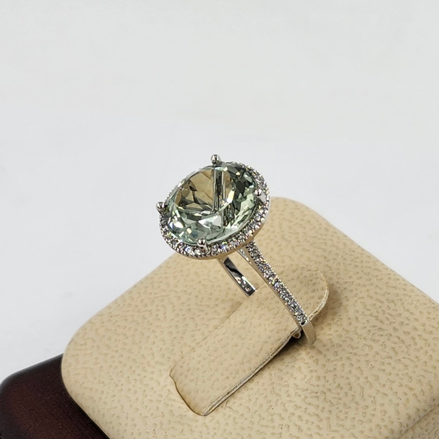 Handmade Platinum Green Amethyst Ring: Lab Grown Diamond Halo Ring - Anniversary gift