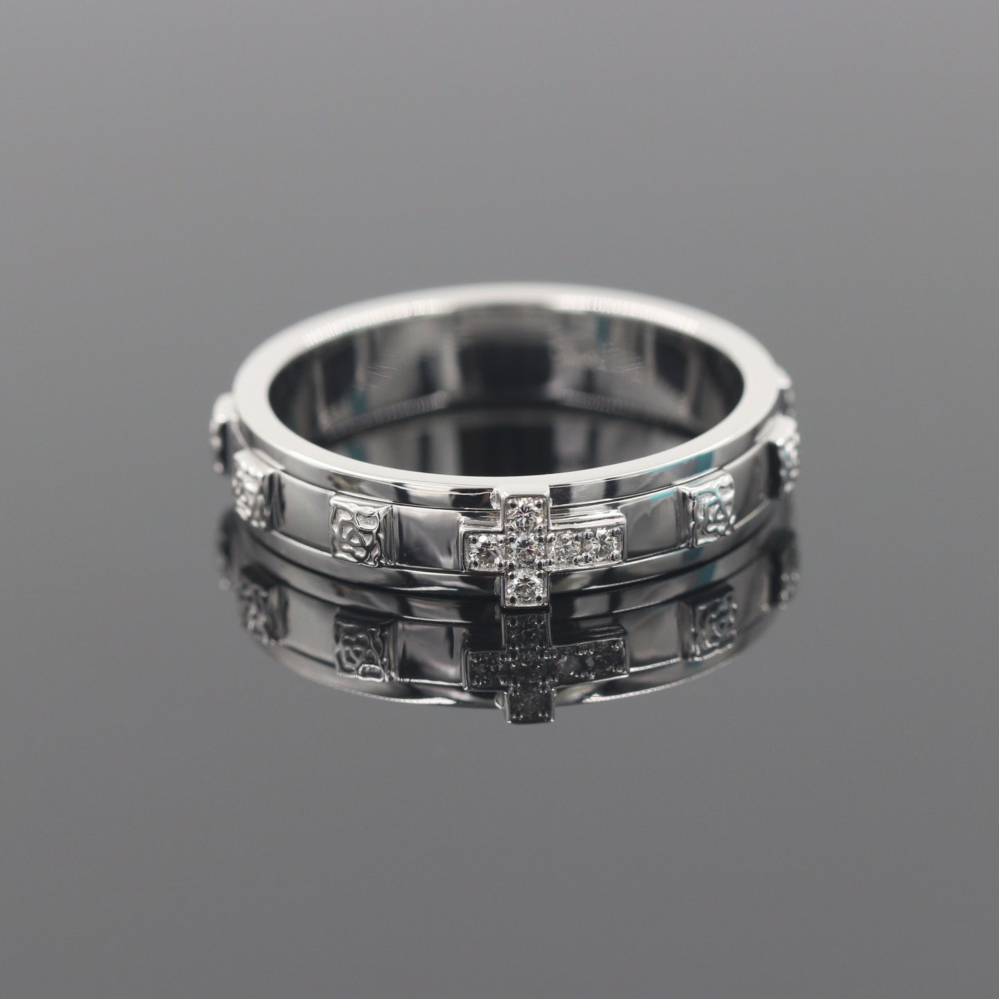 14K Gold Diamond Rosary Ring: Men Delicate Christian Band, Non-Spinning
