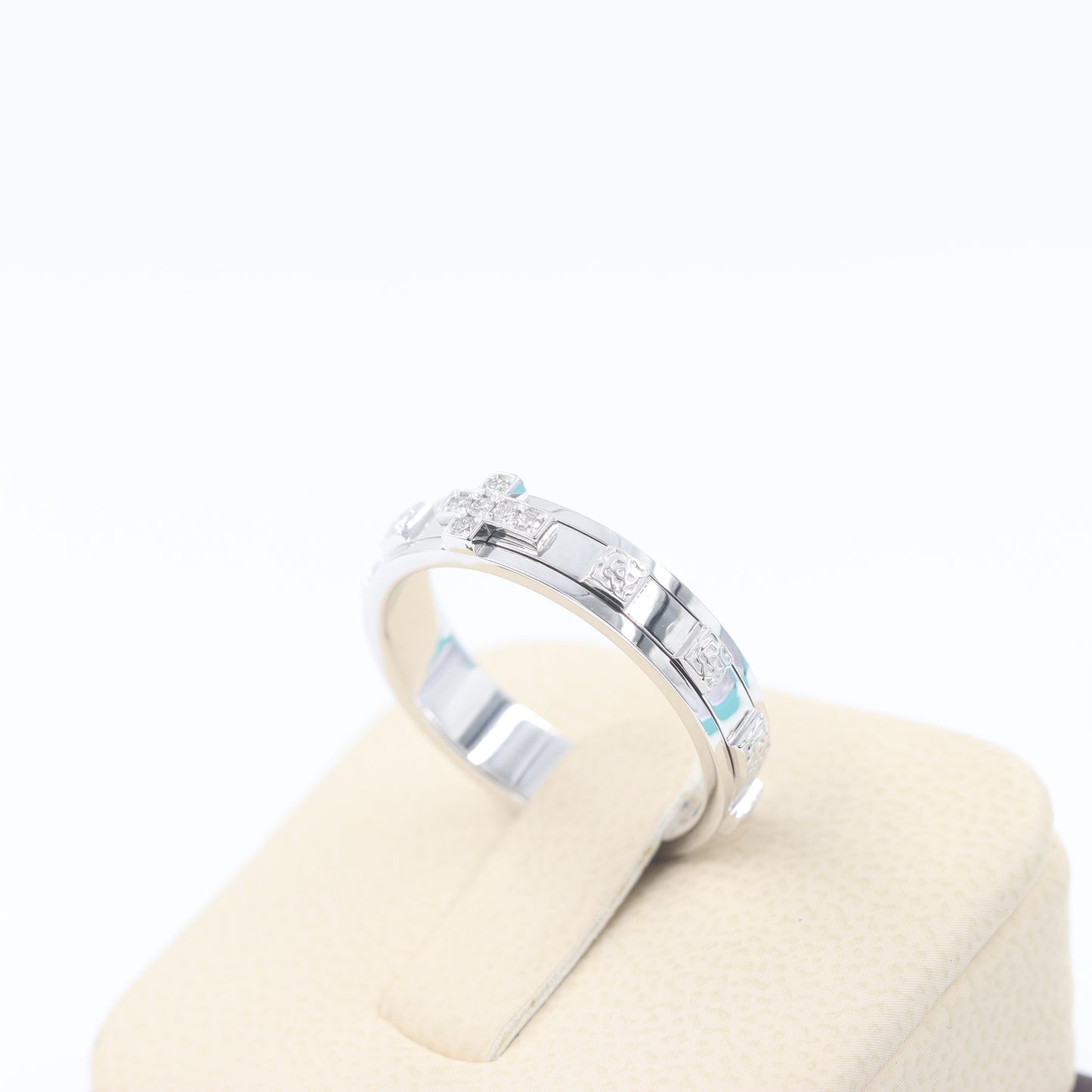14K Gold Diamond Rosary Ring: Men Delicate Christian Band, Non-Spinning