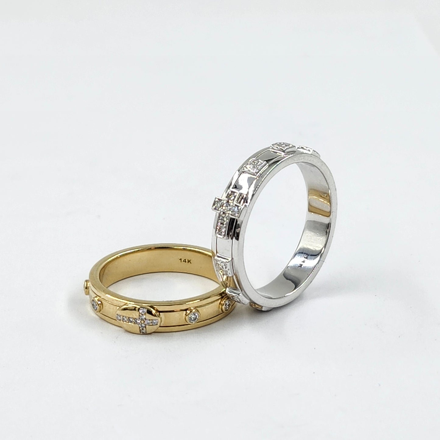 14K Gold Diamond Rosary Ring: Men Delicate Christian Band, Non-Spinning