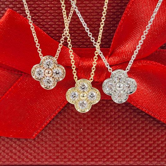 Natural Diamond Clover Pendant/Small Clover Charm Necklace/Diamond Necklace/Solid 14K and 18K Gold/Diamond Cluster Necklace/Anniversary Gift
