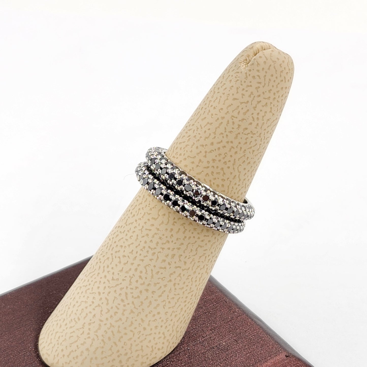 Platinum Natural Black Diamond 3Row Wedding Band: Handmade Stackable Anniversary Ring