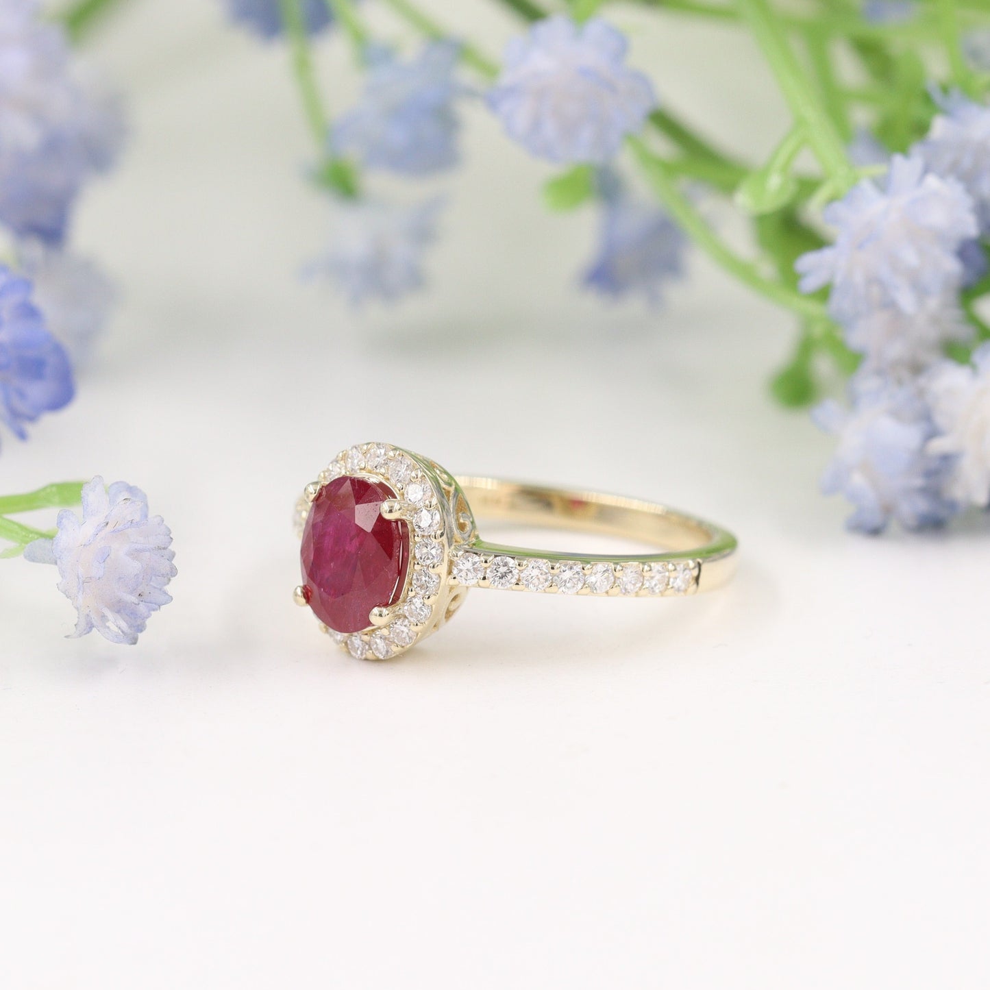 Genuine Ruby Ring/ Ruby Diamond Halo Ring/ Diamond Dainty Ring/ Ruby Engagement Ring/ Anniversary Ring/ Gift For Her/ Anniversary Gift