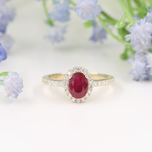 Genuine Ruby Ring/ Ruby Diamond Halo Ring/ Diamond Dainty Ring/ Ruby Engagement Ring/ Anniversary Ring/ Gift For Her/ Anniversary Gift