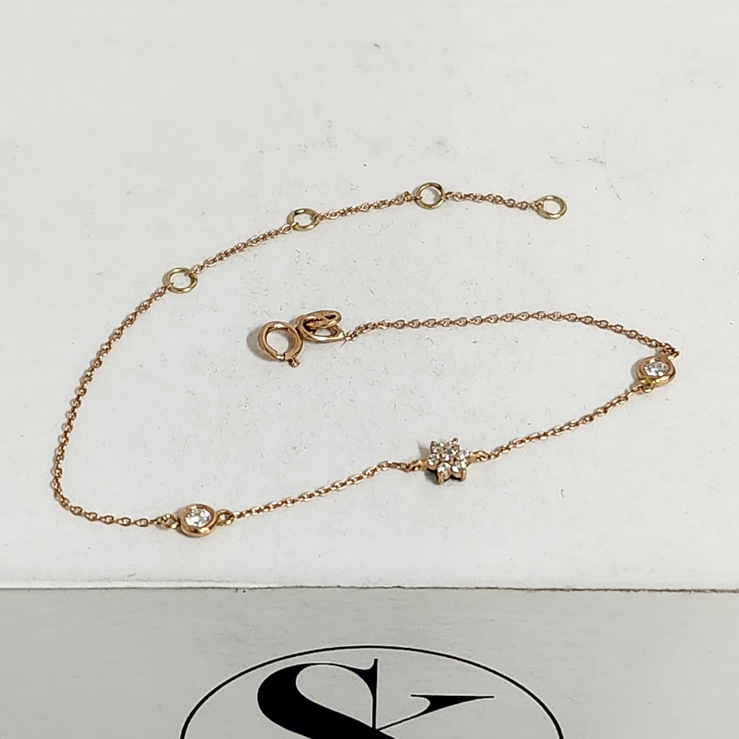 White and Black Diamond Charm in One Bracelet/14K gold Natural Diamond Bezel Bracelet/ Anniversary Bracelet /Flower Design Bracelet