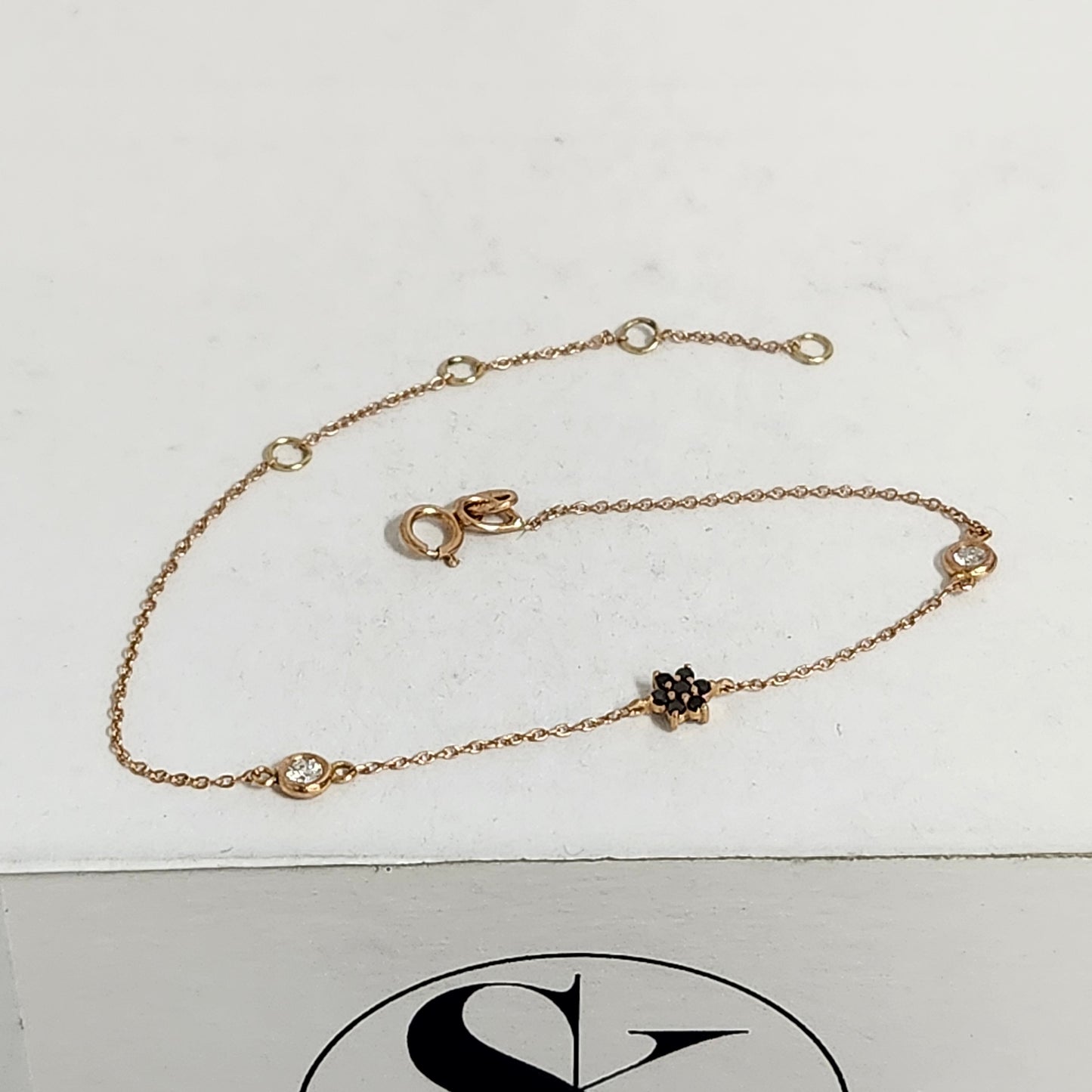 White and Black Diamond Charm in One Bracelet/14K gold Natural Diamond Bezel Bracelet/ Anniversary Bracelet /Flower Design Bracelet