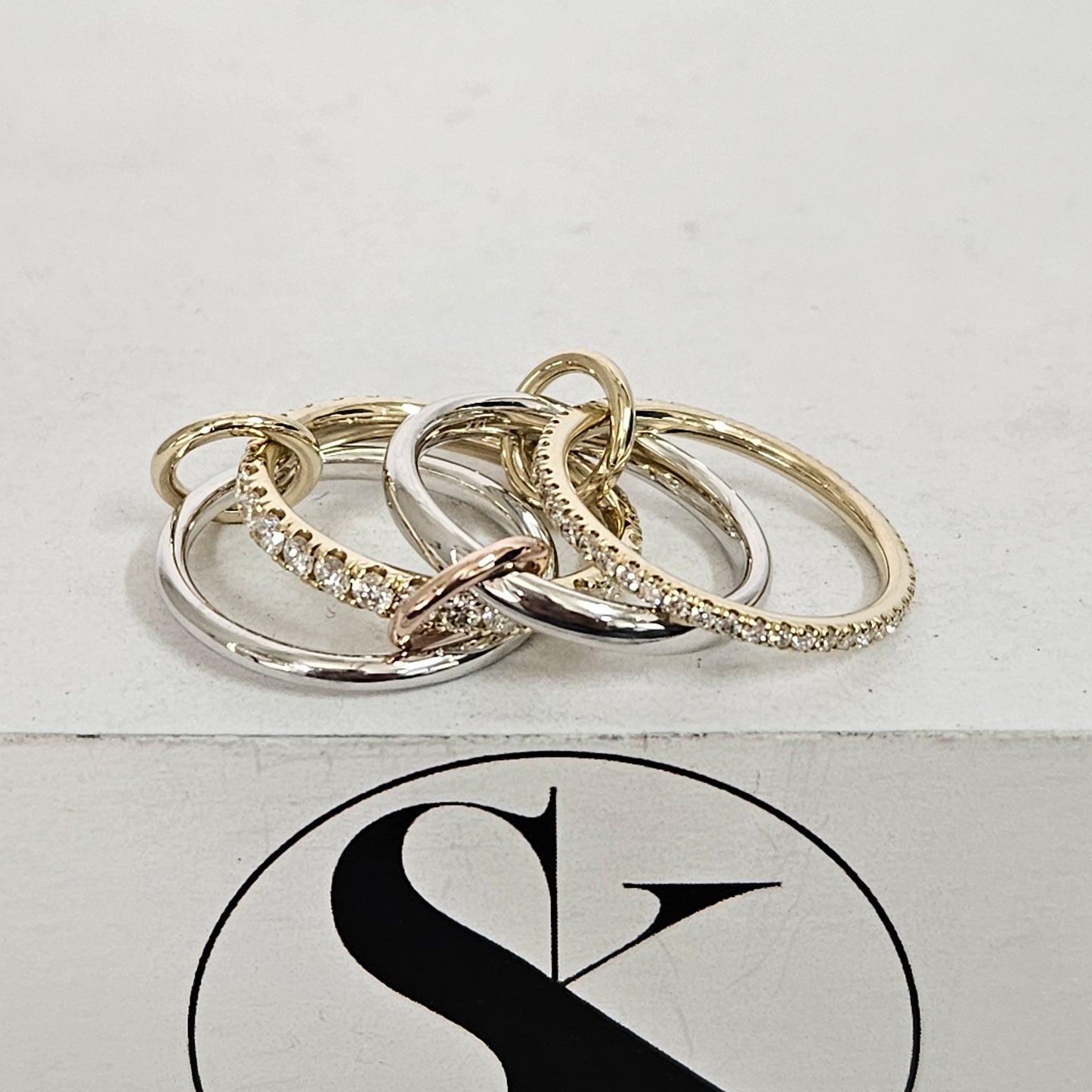 Stacking Rings with Connectors/Yellow Rose White gold 4 Bands with 3 connectors/Eternity Diamond Rings for Everyday/Sean's Bundle of 4 Rings