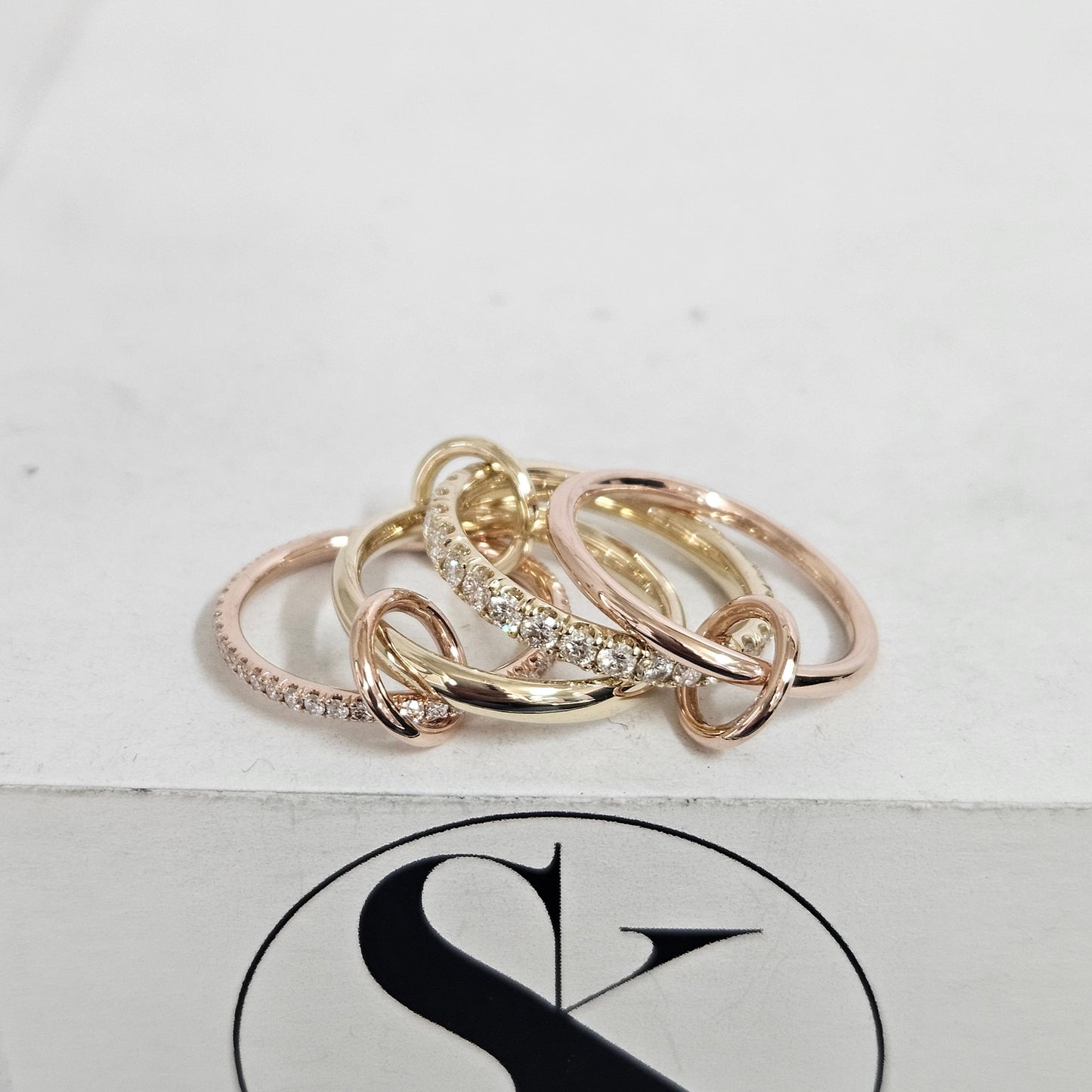Stacking Rings with Connectors/Yellow Rose White gold 4 Bands with 3 connectors/Eternity Diamond Rings for Everyday/Sean's Bundle of 4 Rings