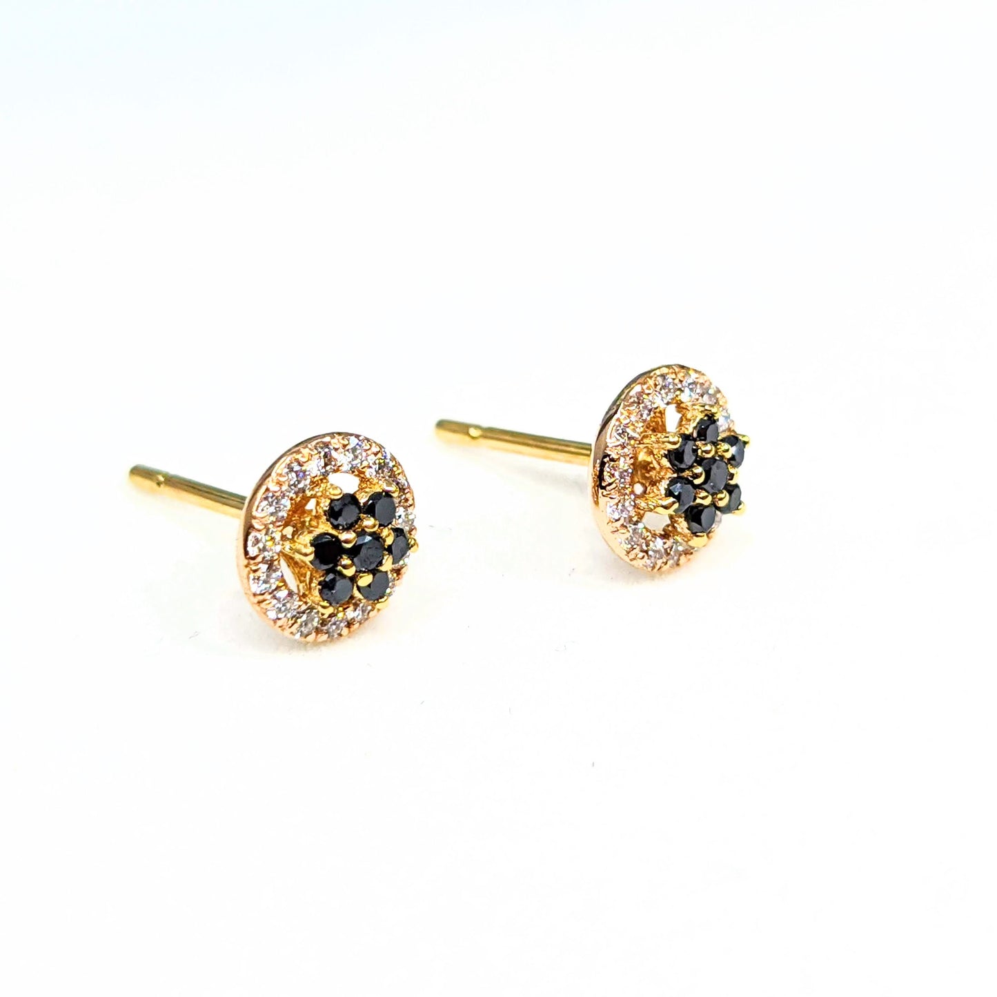 14k Gold Natural Diamond Flower Earrings: Black & White Diamond Studs - Anniversary gift