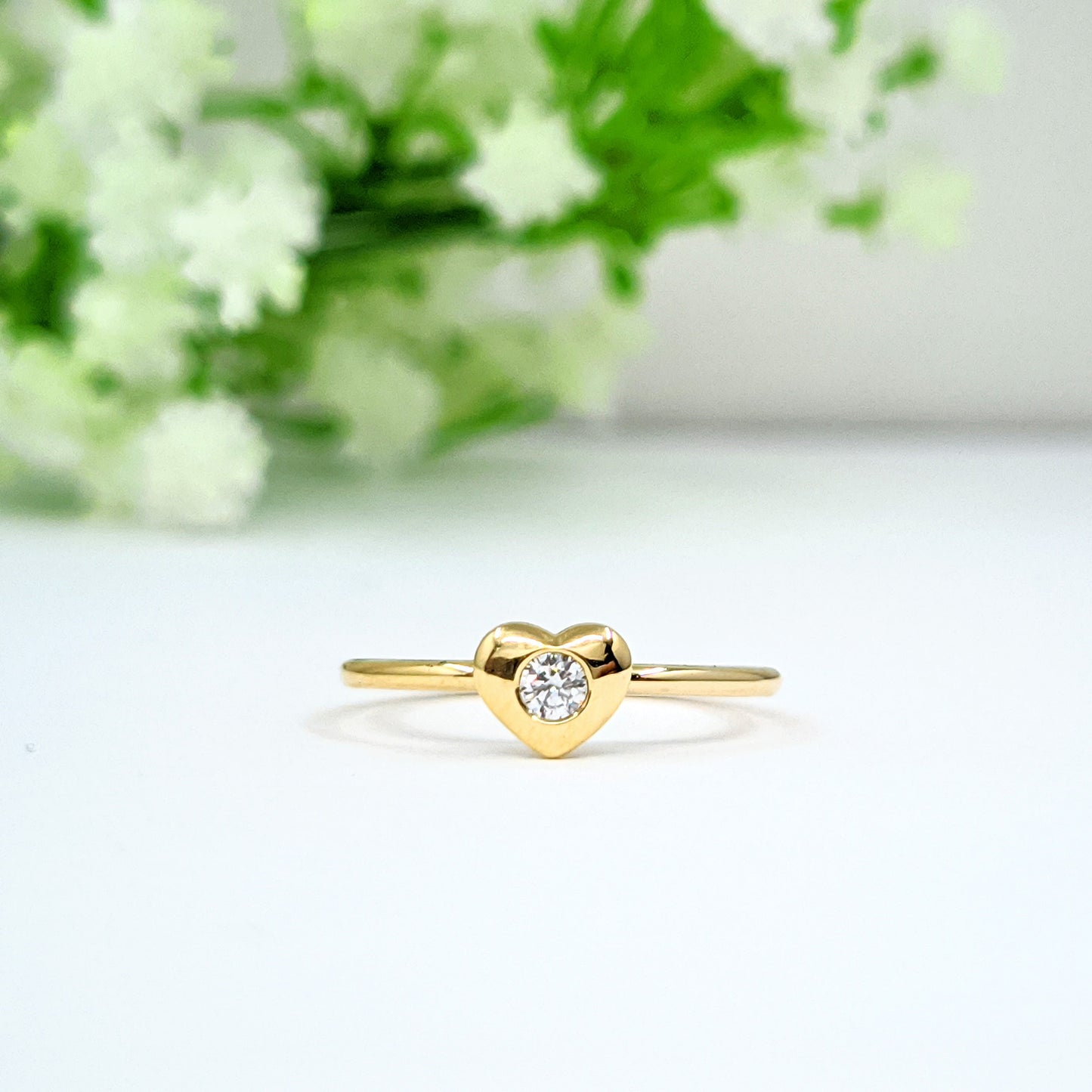 14K Gold Natural Diamond Heart Ring: Dainty Bezel Engagement Ring- Anniversary Gift
