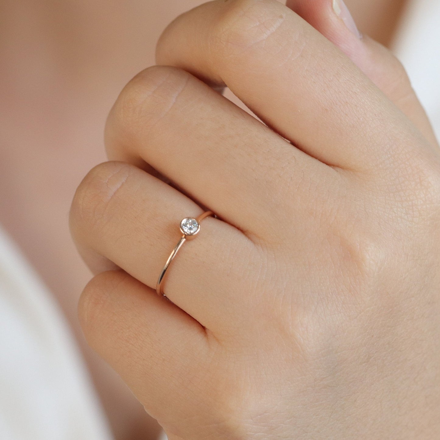 14K gold Straight Bezel .03ct~0.1ct Natural Diamond Stackable Ring / Dainty Simple Engagement Diamond Ring / Anniversary gift