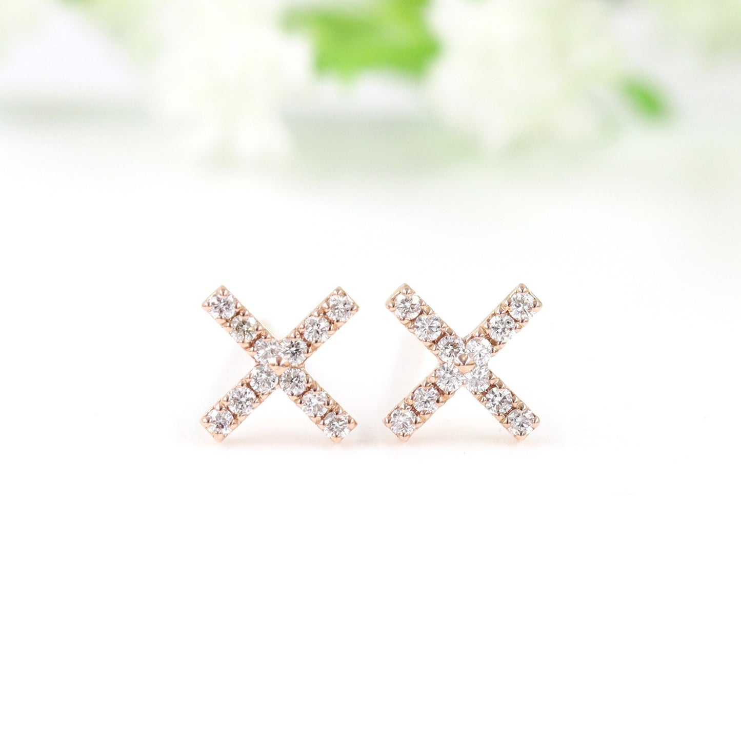 14k gold  Natural Diamond X Stud Earrings: Dainty Solid Gold, Handmade