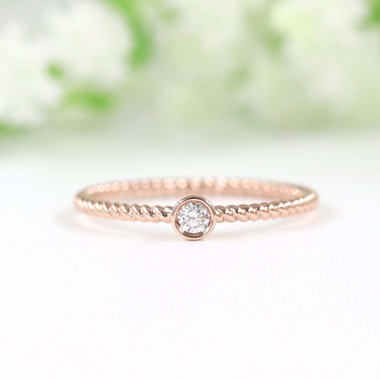 14K Gold Natural Diamond Wedding Ring: Dainty Twist Bezel Diamond Band - Anniversary gift