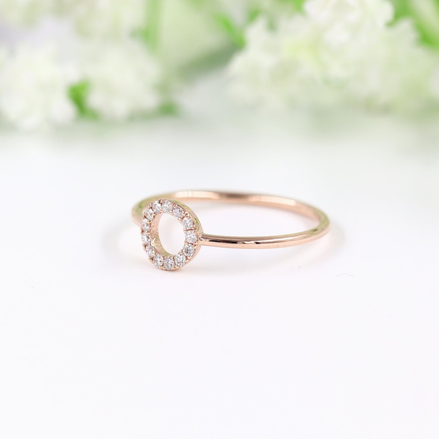 14K Gold Natural Diamond Open Circle Ring: Handmade Engagement Band