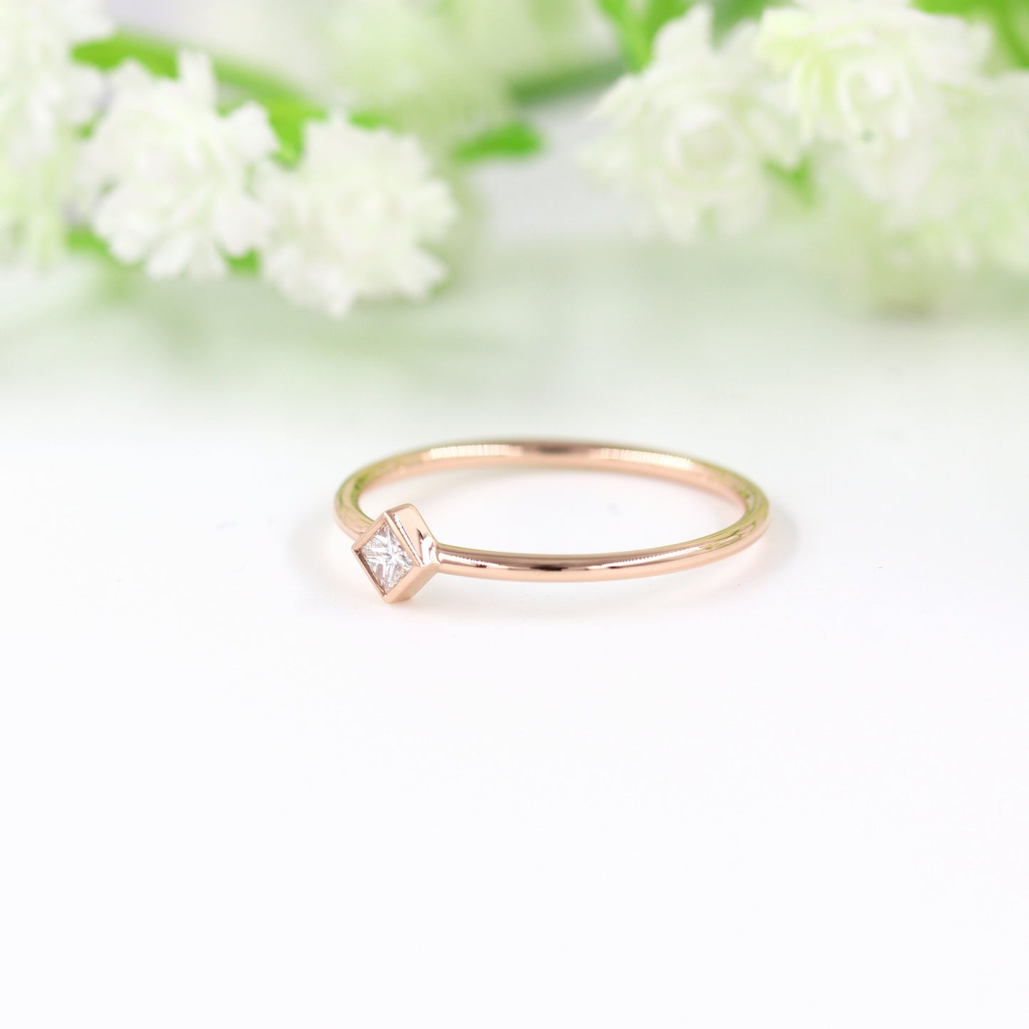 14K Gold Princess Cut Natural Diamond Bezel Ring: Dainty Engagement Ring- Anniversary Gift