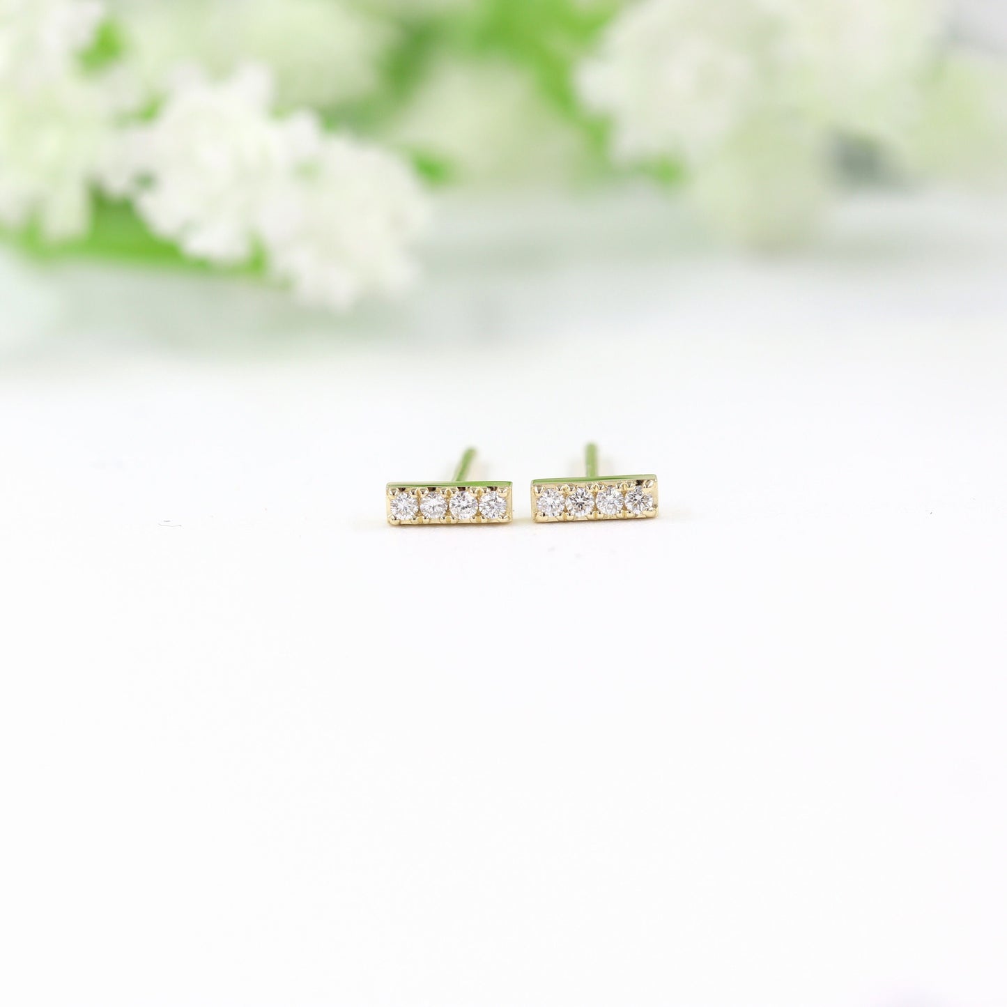 14K Gold Natural Diamond Bar Stud Earrings: Minimalist Handmade Jewelry - Anniversary gift