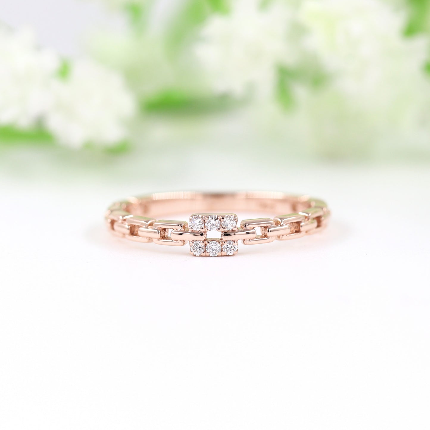 14K Solid Gold Natural Diamond Chain Ring: Minimalist Promise Ring- Anniversary Gift
