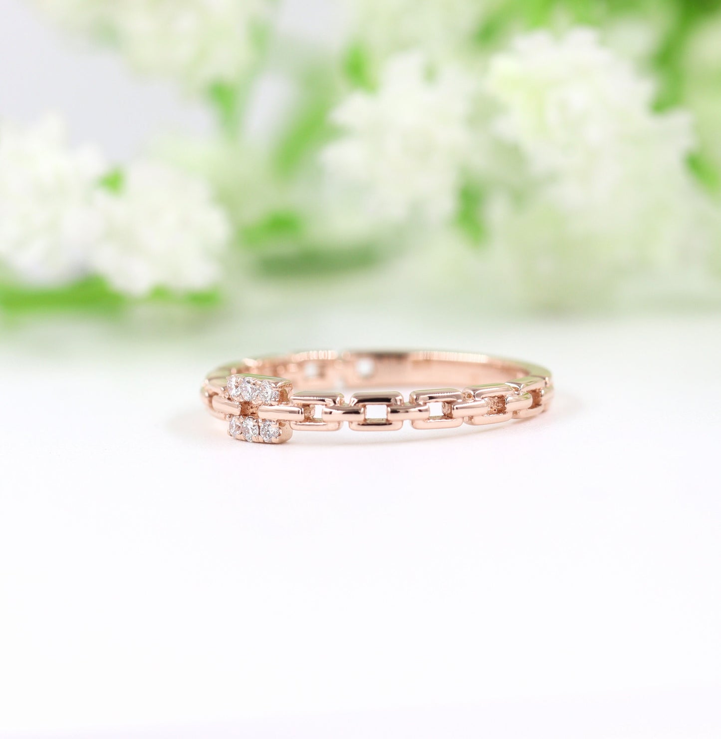 14K Solid Gold Natural Diamond Chain Ring: Minimalist Promise Ring- Anniversary Gift
