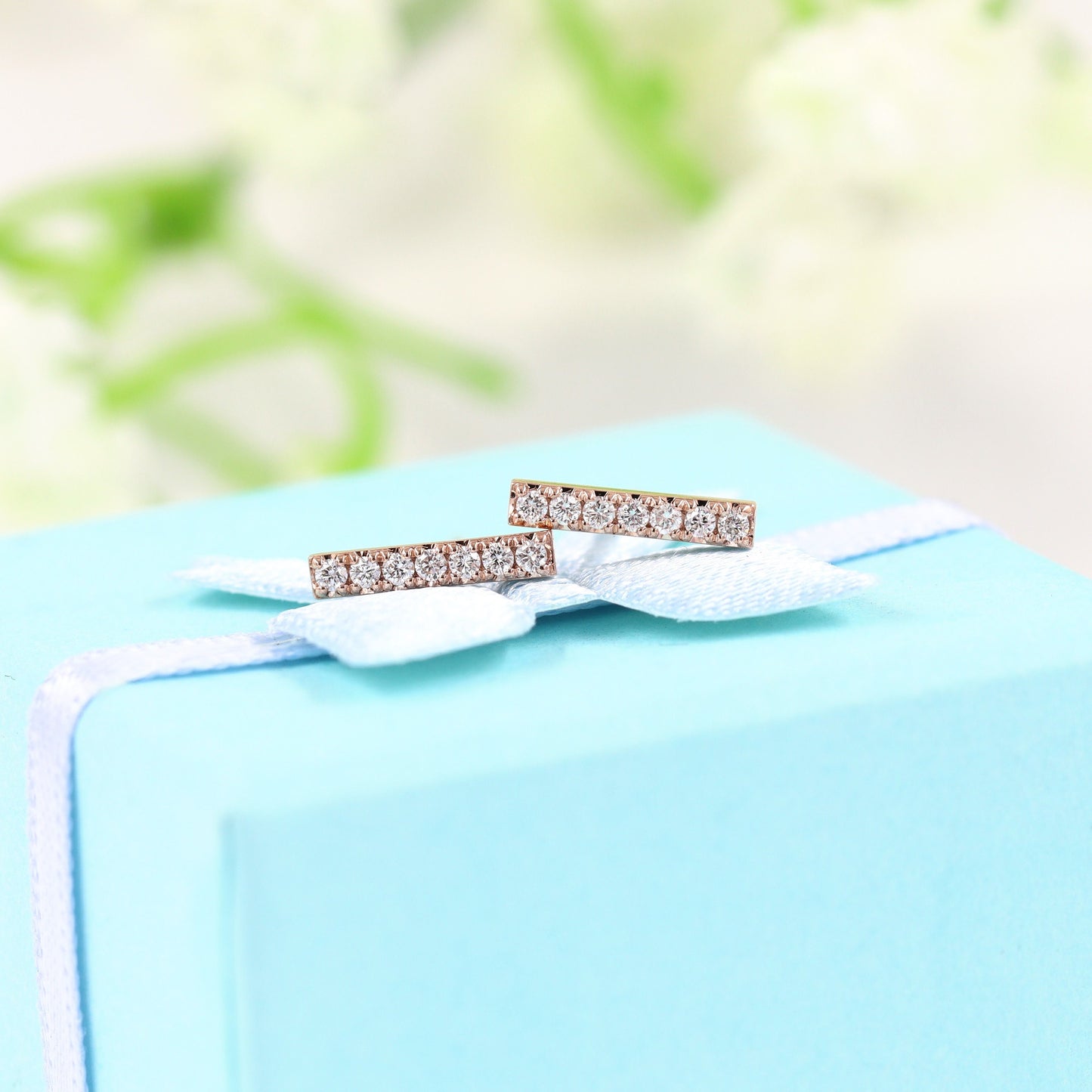 14K Gold Natural Diamond Bar Stud Earrings: Minimalist Jewelry- Anniversary gift