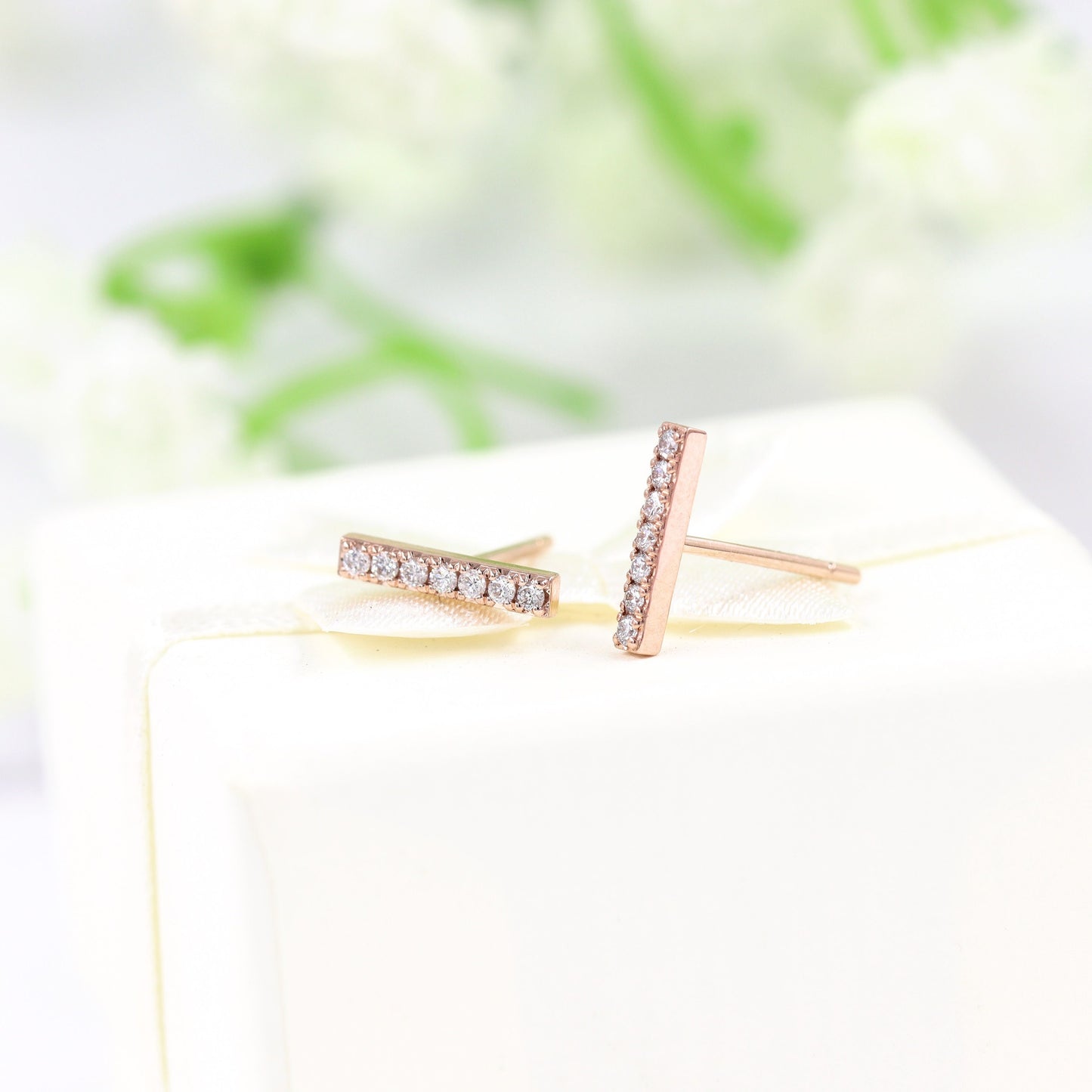 14K Gold Natural Diamond Bar Stud Earrings: Minimalist Jewelry- Anniversary gift