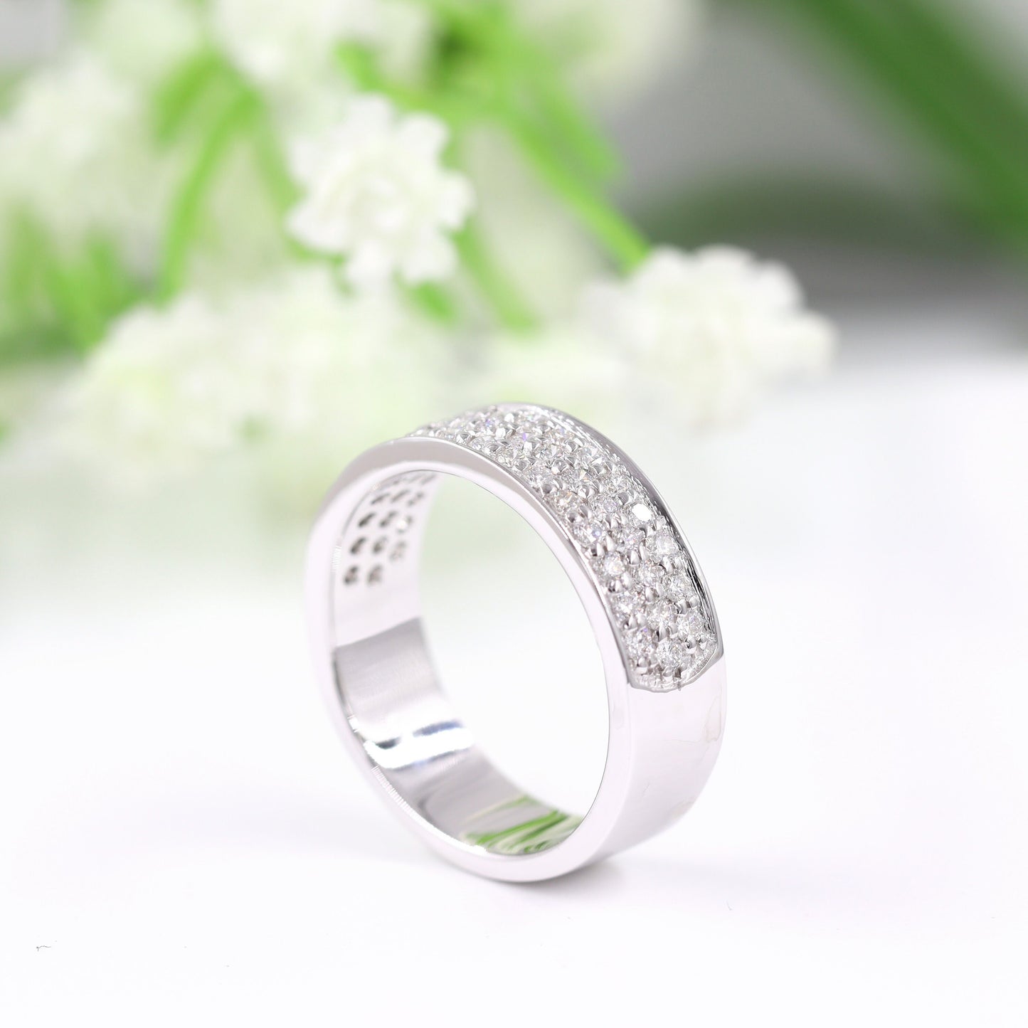 14K Gold 3 Row Natural Diamond Eternity 6mm Band: Triple Row Anniversary Ring