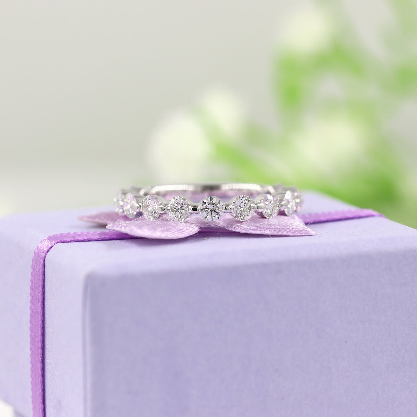 1ct Natural Diamond Wedding Band: 14K Gold Single Prong Half Eternity Ring- Anniversary Gift