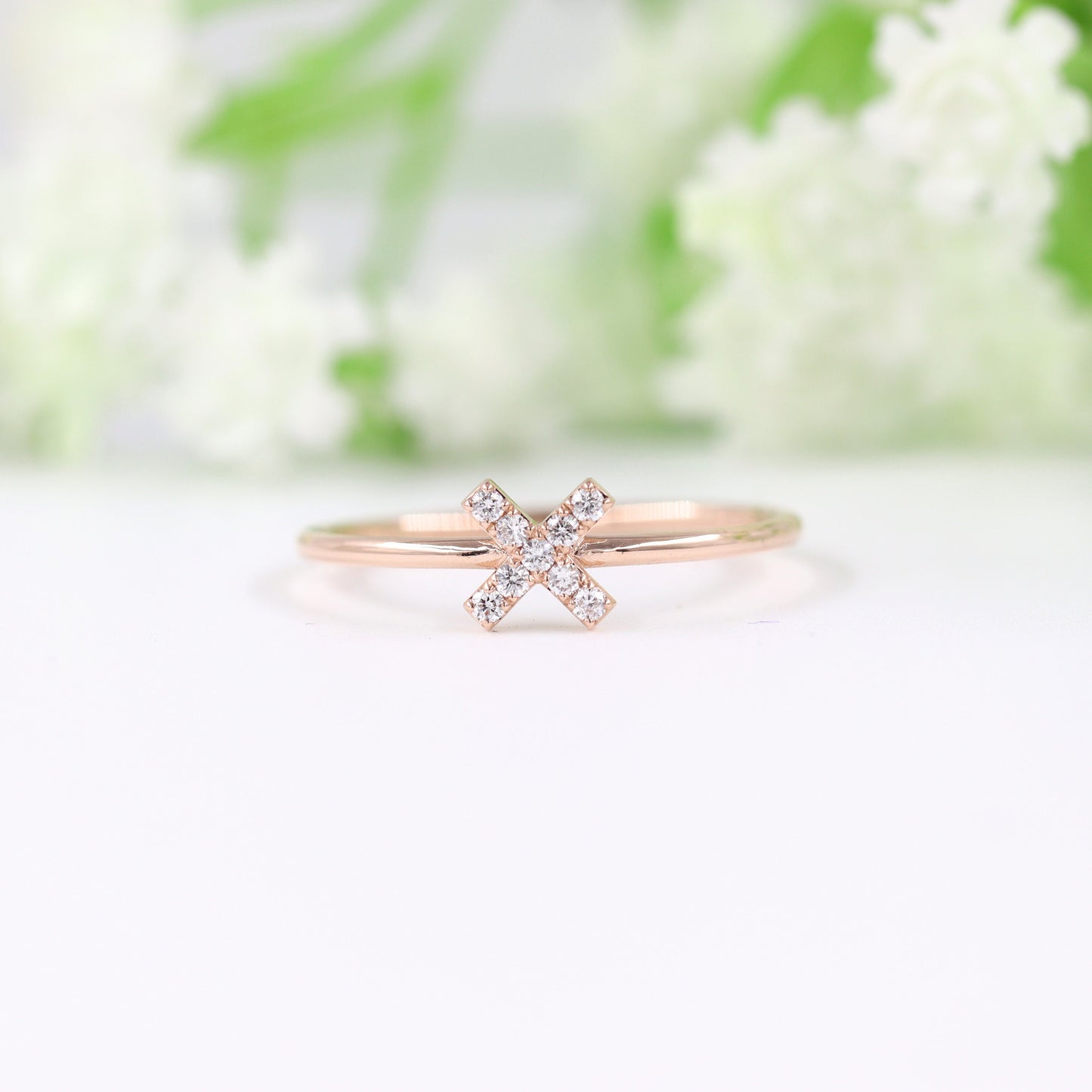 14K Gold Natural Diamond X Ring: Dainty Stacking Ring