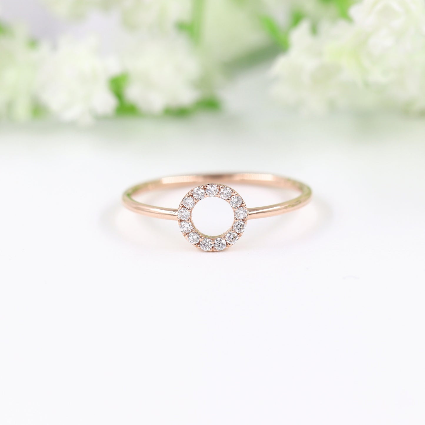 14K Gold Natural Diamond Open Circle Ring: Handmade Engagement Band