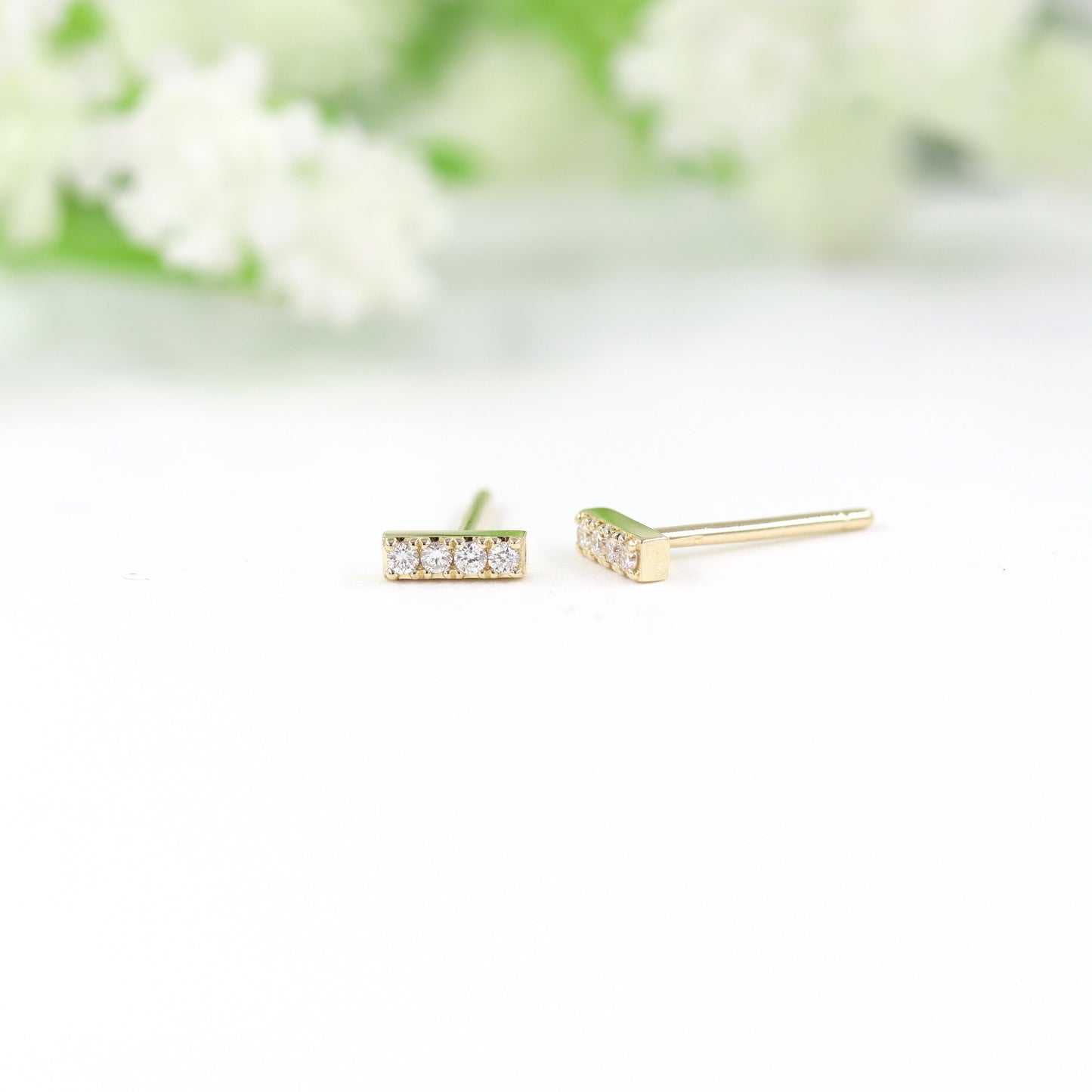 14K Gold Natural Diamond Bar Stud Earrings: Minimalist Handmade Jewelry - Anniversary gift