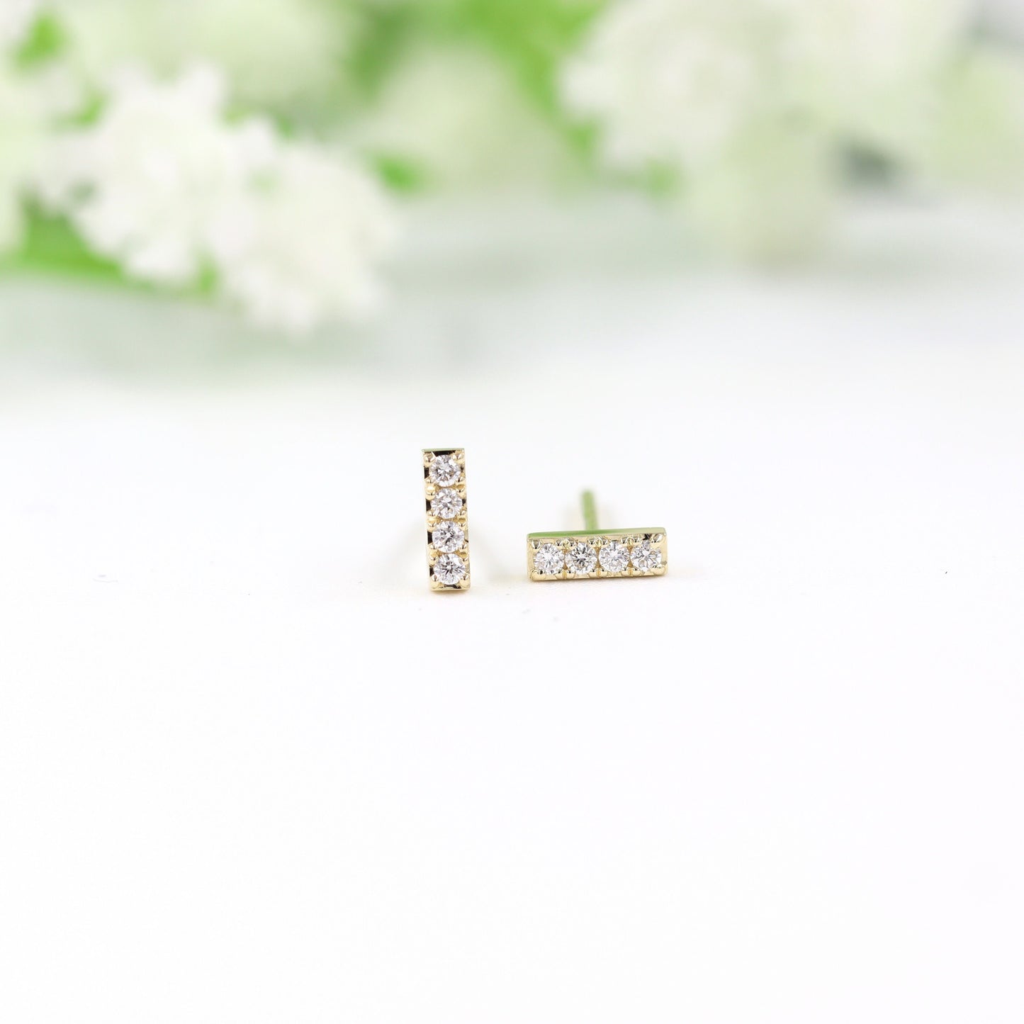 14K Gold Natural Diamond Bar Stud Earrings: Minimalist Handmade Jewelry - Anniversary gift