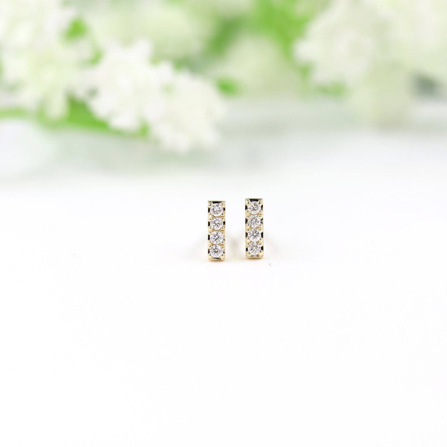 14K Gold Natural Diamond Bar Stud Earrings: Minimalist Handmade Jewelry - Anniversary gift