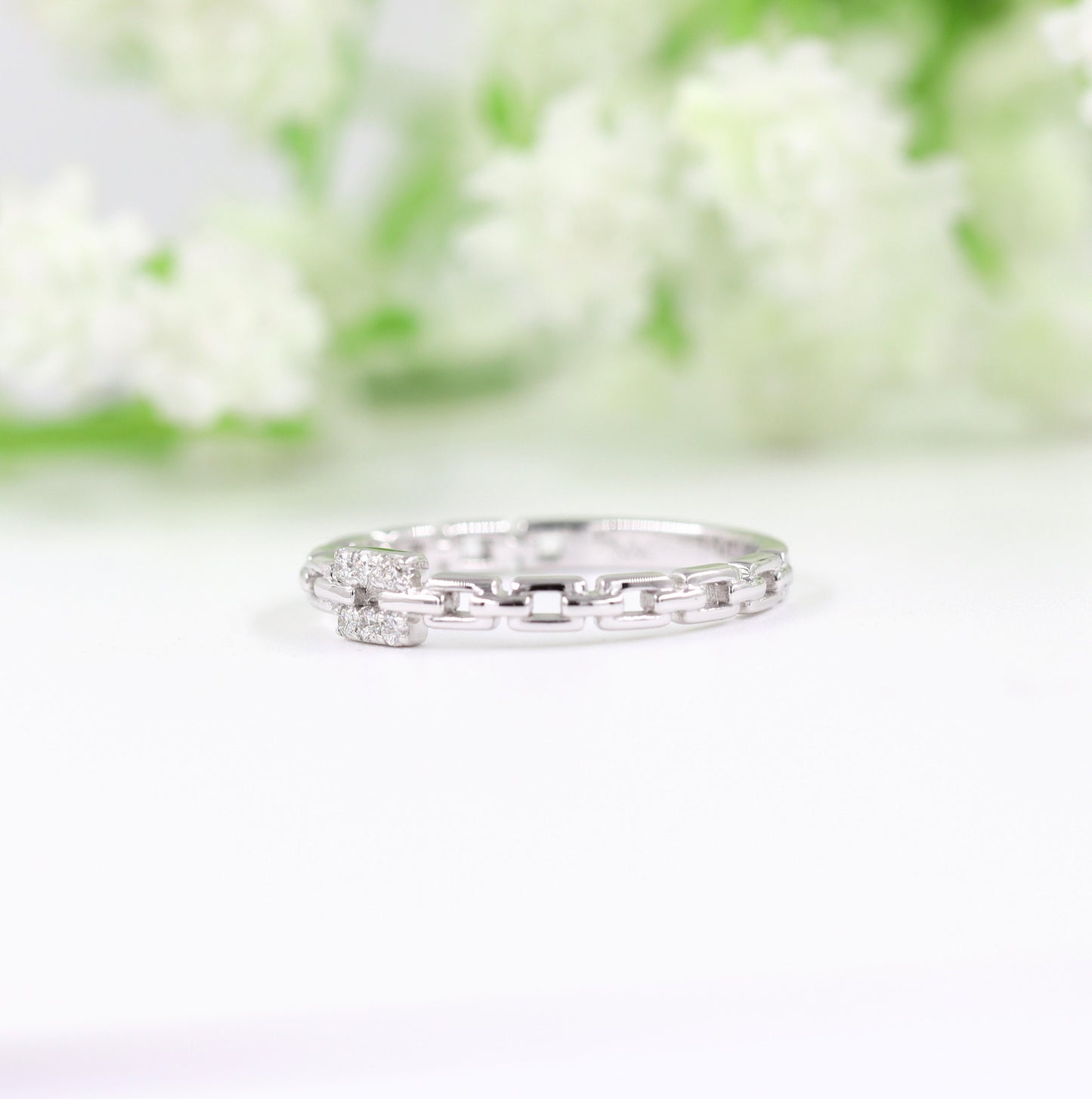 14K Solid Gold Natural Diamond Chain Ring: Minimalist Promise Ring- Anniversary Gift