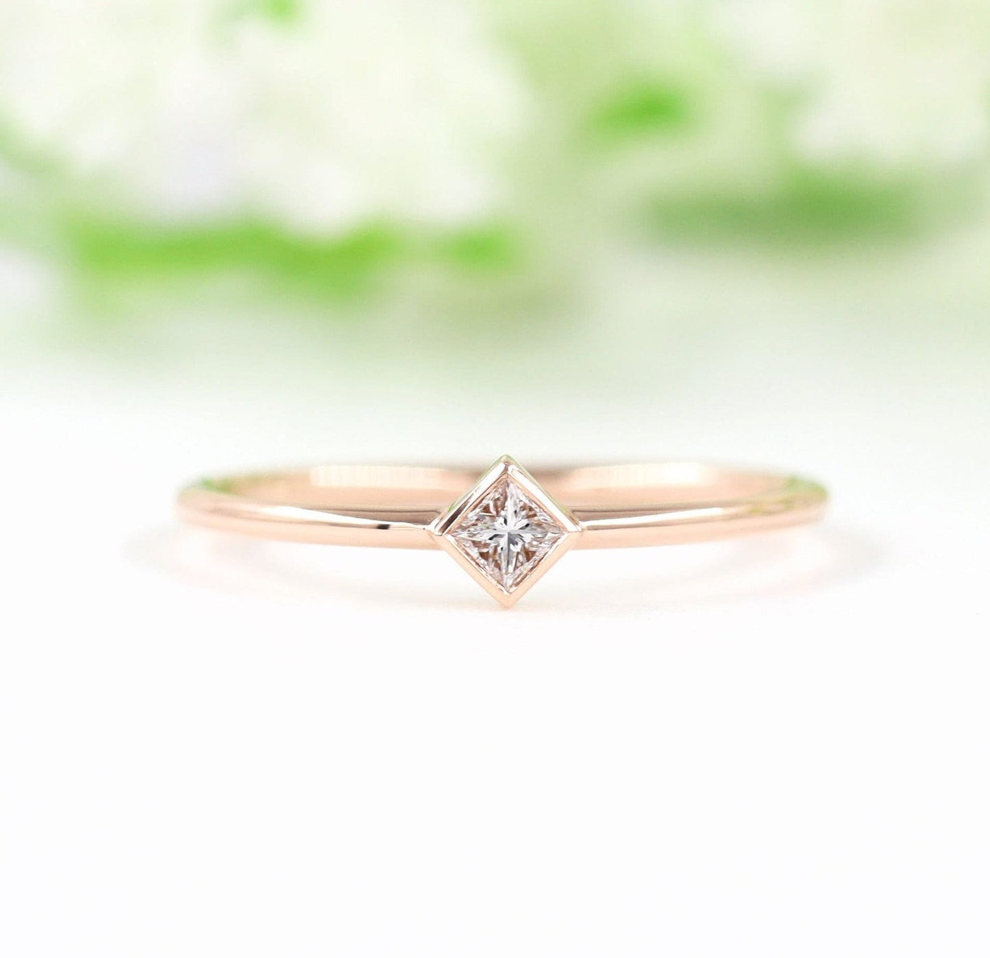 14K Gold Princess Cut Natural Diamond Bezel Ring: Dainty Engagement Ring- Anniversary Gift