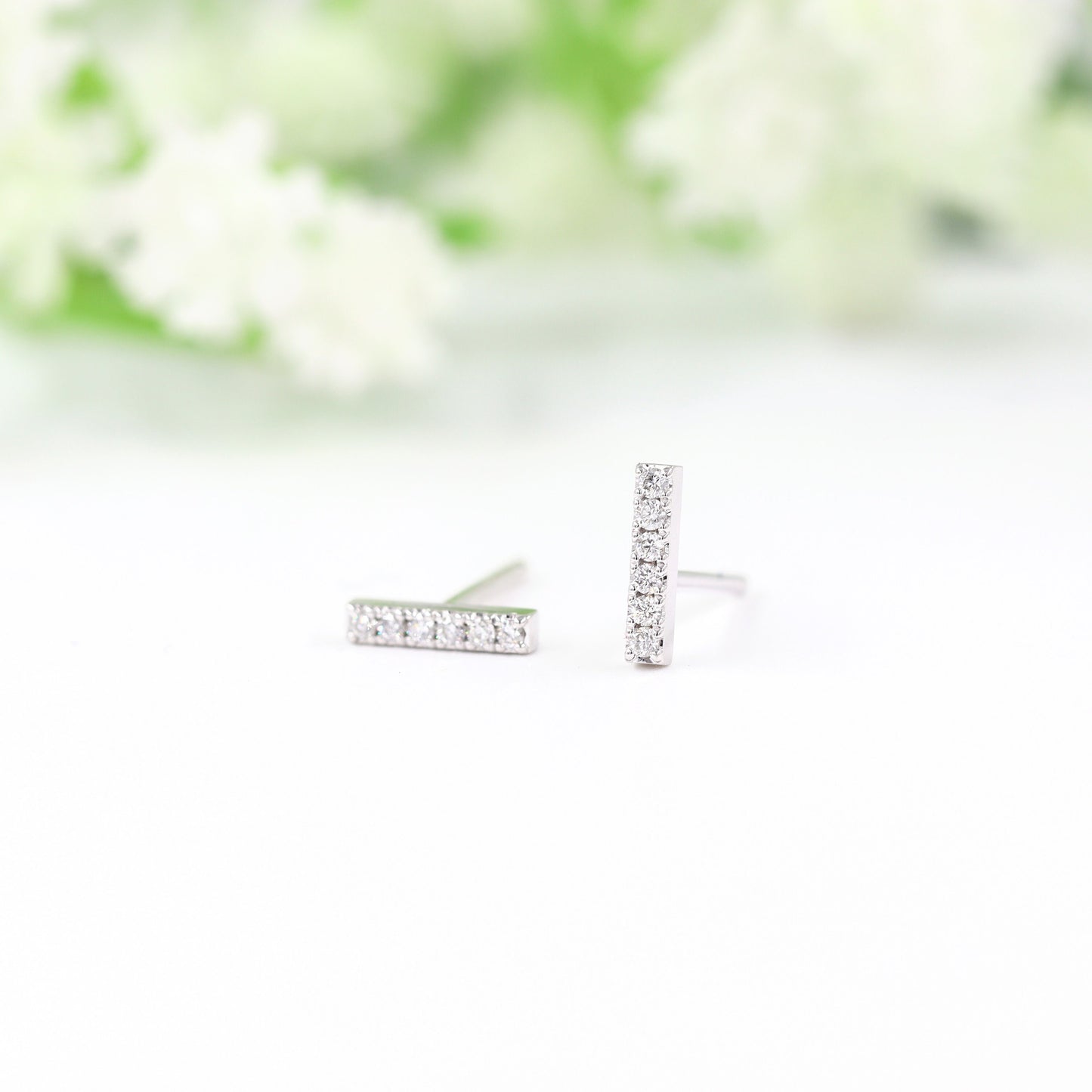 14K Gold Natural Diamond Bar Stud Earrings: Minimalist Fine Jewelry - Anniversary gift