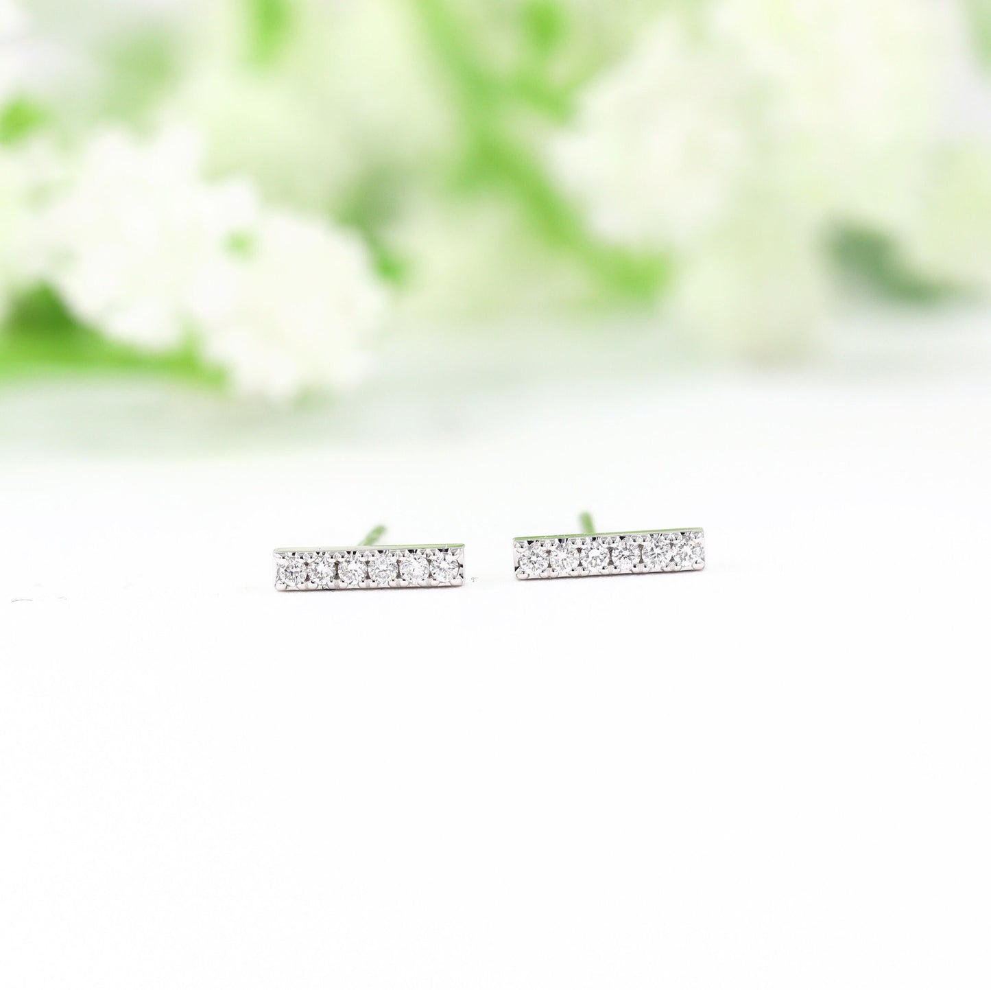 14K Gold Natural Diamond Bar Stud Earrings: Minimalist Fine Jewelry - Anniversary gift