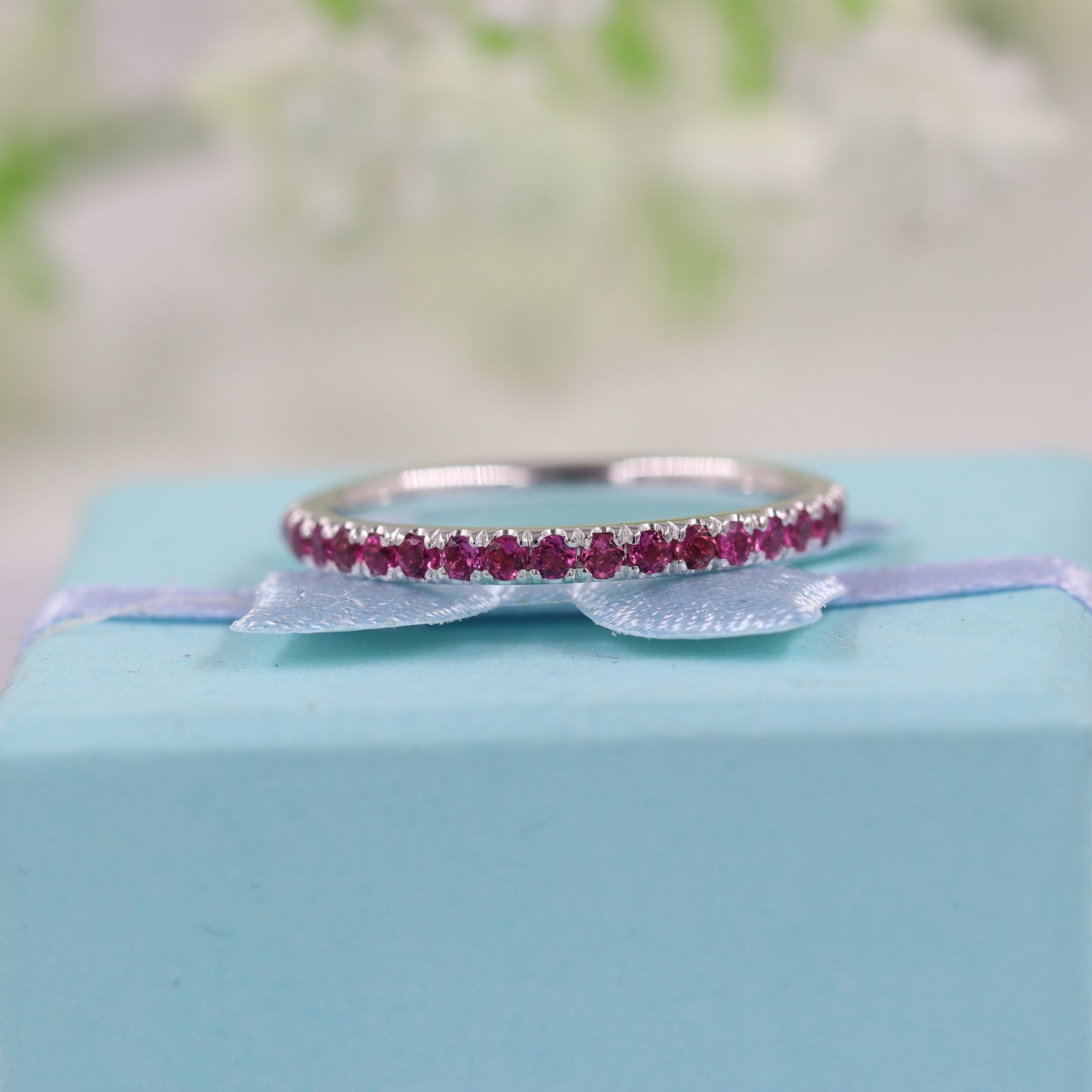 14K Gold Pink Sapphire Eternity Ring - Handmade Anniversary Band