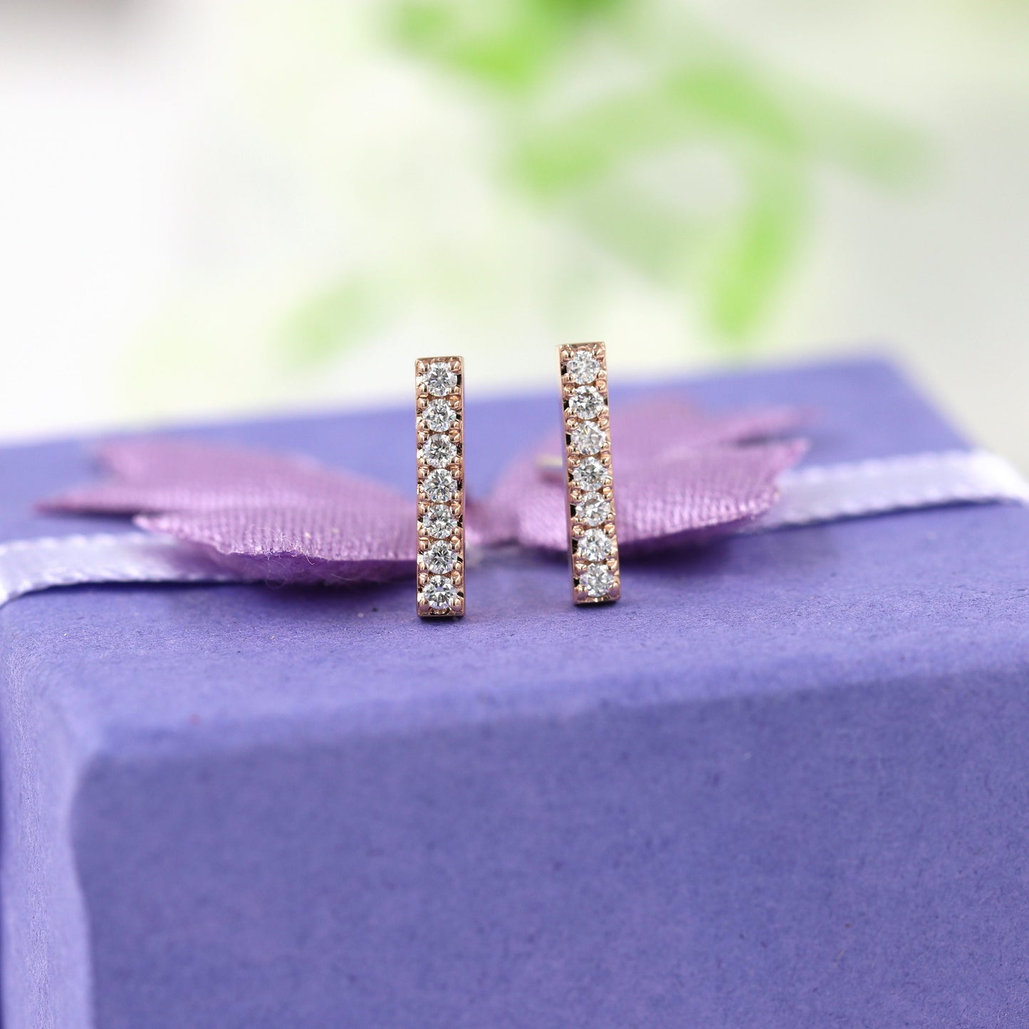 14K Gold Natural Diamond Bar Stud Earrings: Minimalist Jewelry- Anniversary gift