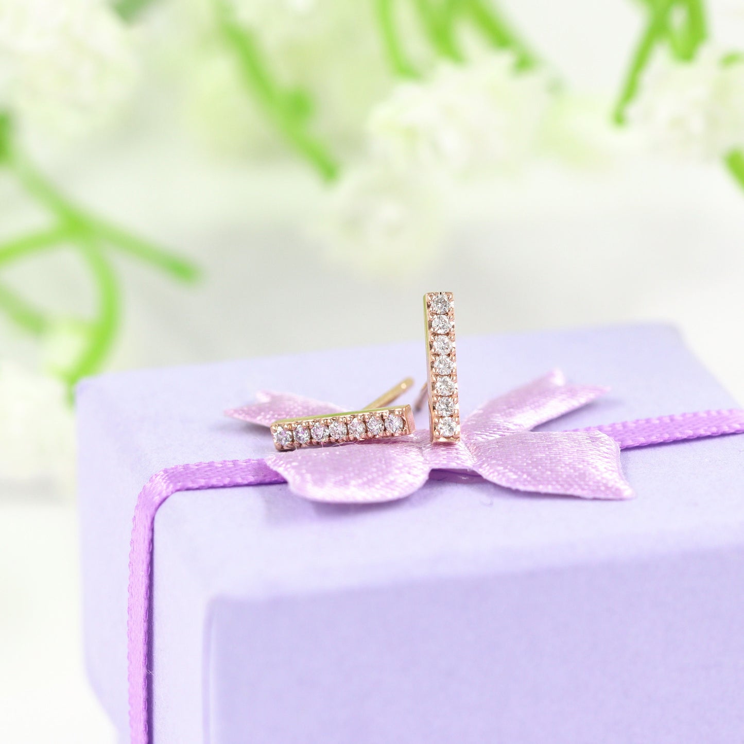 14K Gold Natural Diamond Bar Stud Earrings: Minimalist Jewelry- Anniversary gift