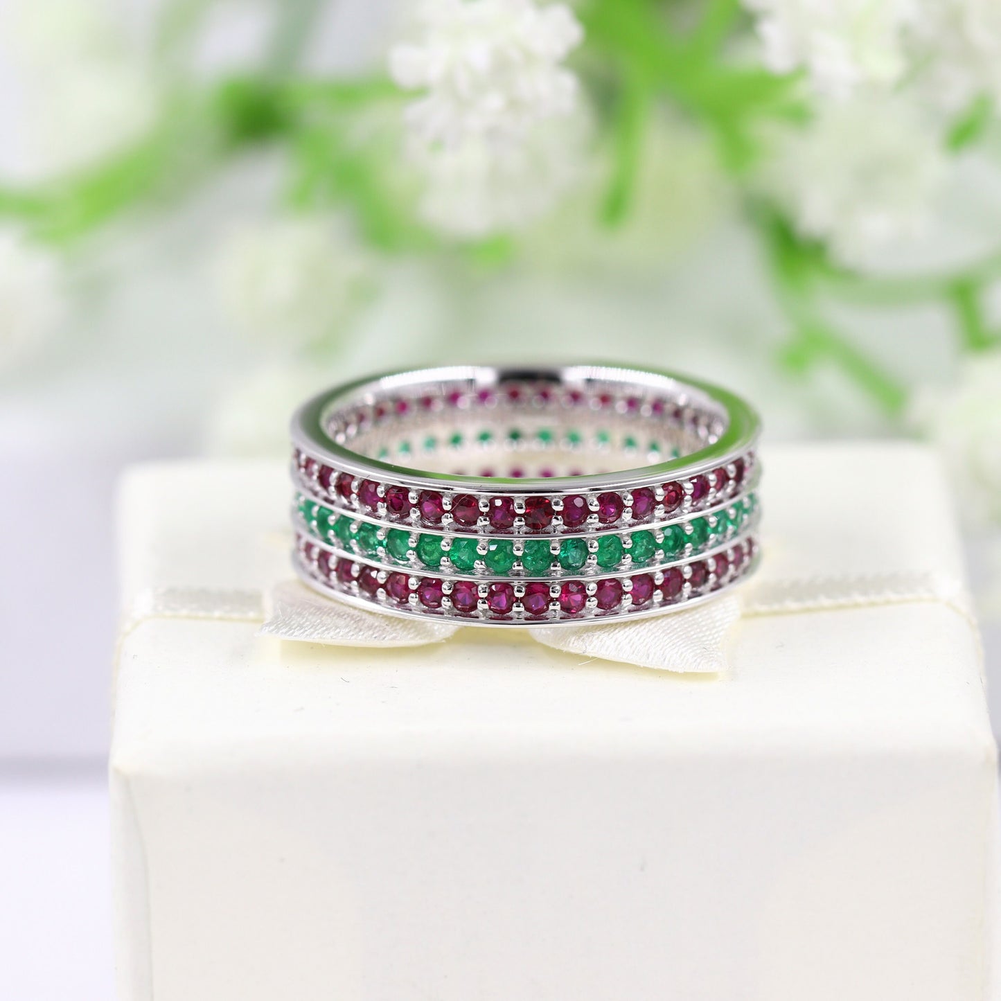 Emerald & Ruby Eternity Ring: 14k Gold Anniversary Band, 7mm