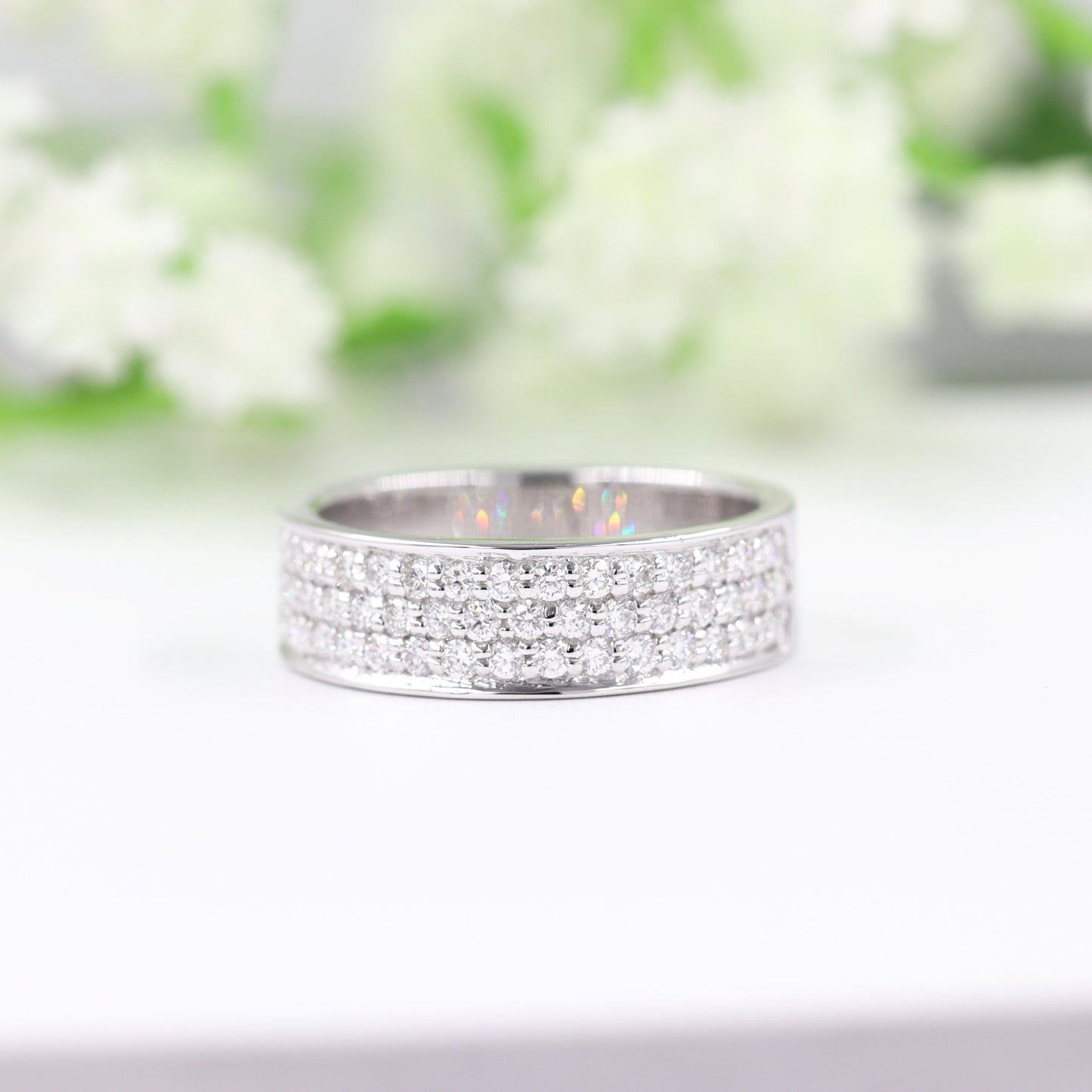 14K Gold 3 Row Natural Diamond Eternity 6mm Band: Triple Row Anniversary Ring