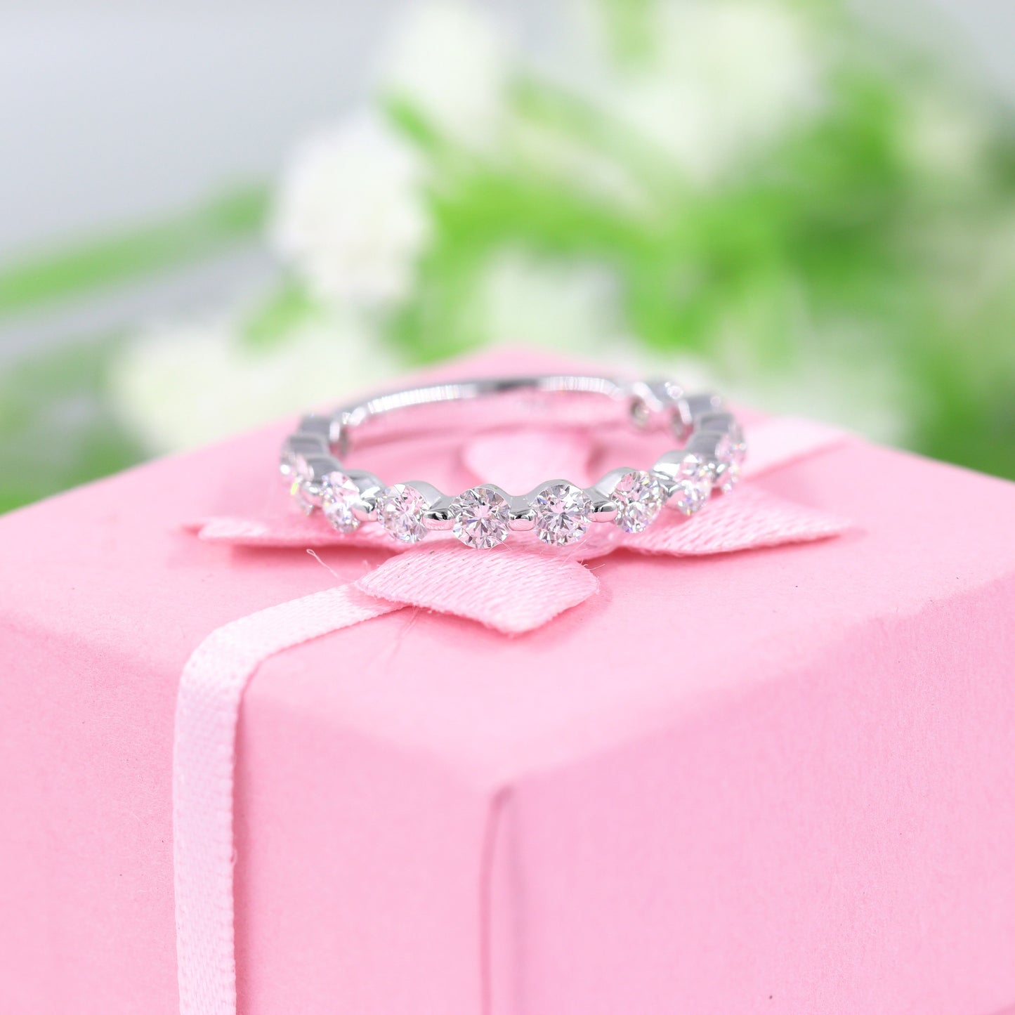 1ct Natural Diamond Wedding Band: 14K Gold Single Prong Half Eternity Ring- Anniversary Gift