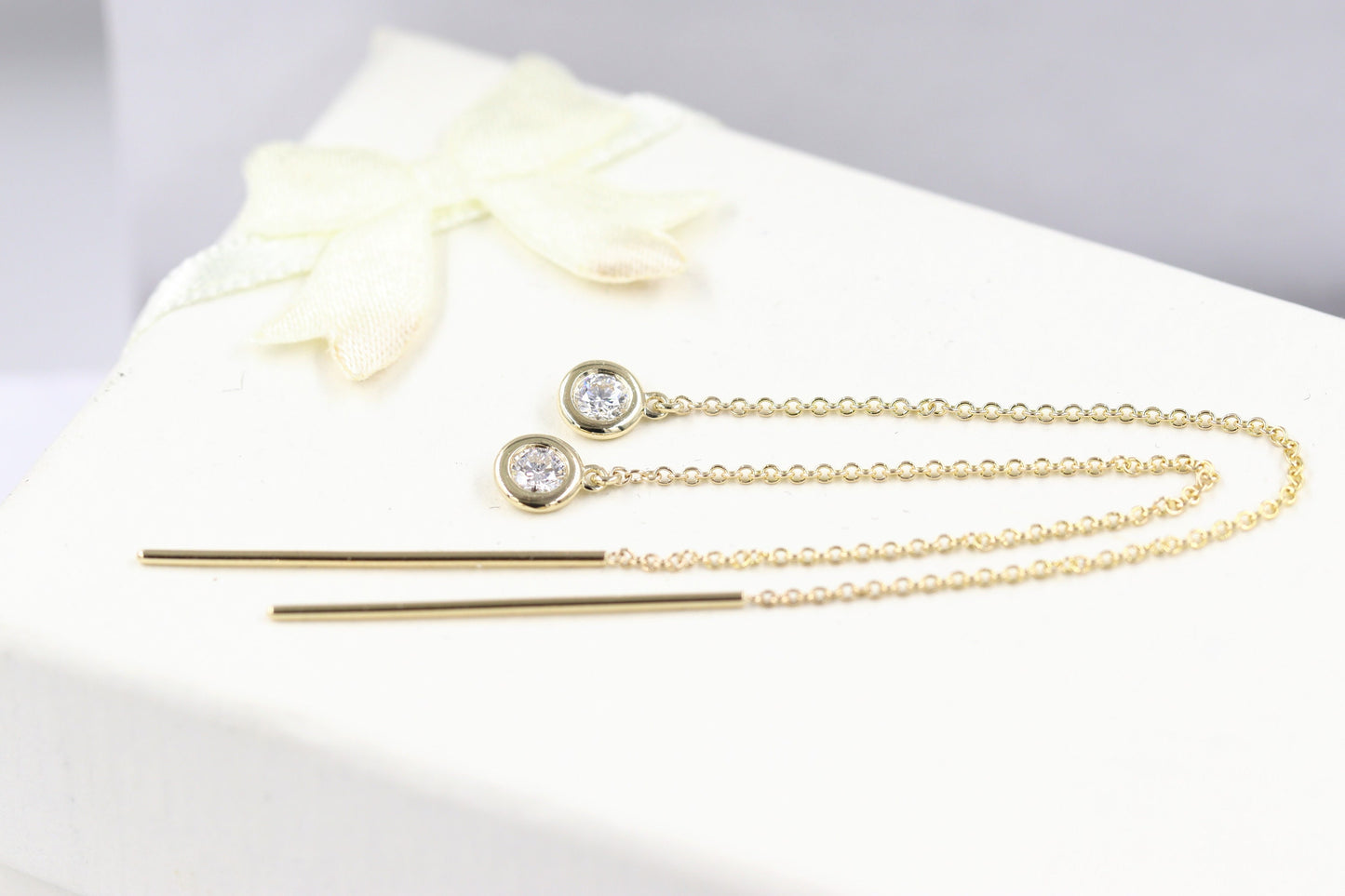 Handmade 14K Gold Natural Diamond Drop Earrings: Bezel Set Dangle