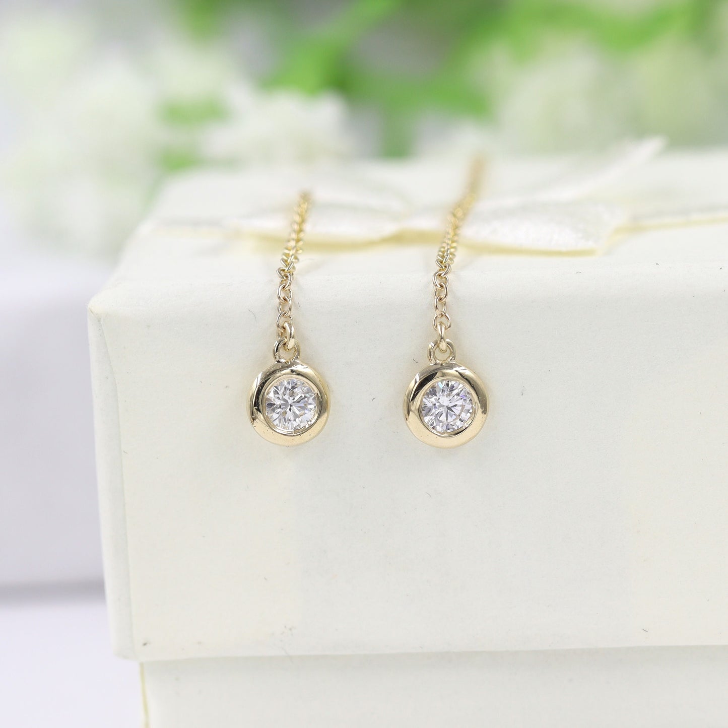 Handmade 14K Gold Natural Diamond Drop Earrings: Bezel Set Dangle