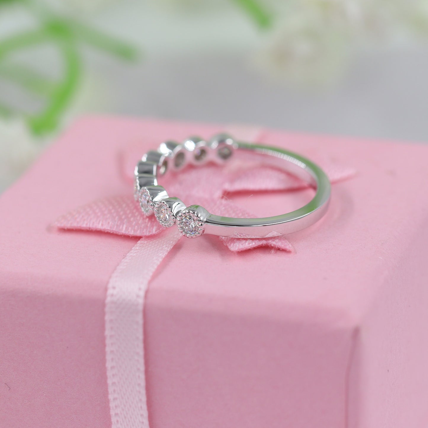 14K Gold Natural Diamond Wedding Band: Half Eternity Ring, Handmade- Anniversary Gift