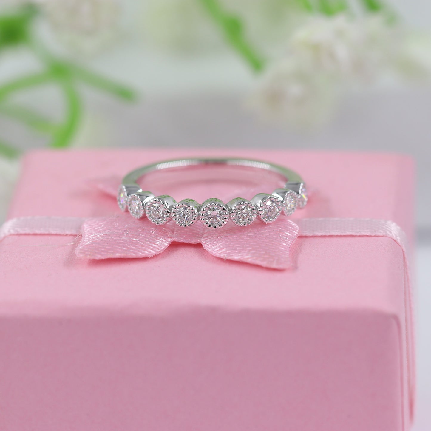 14K Gold Natural Diamond Wedding Band: Half Eternity Ring, Handmade- Anniversary Gift