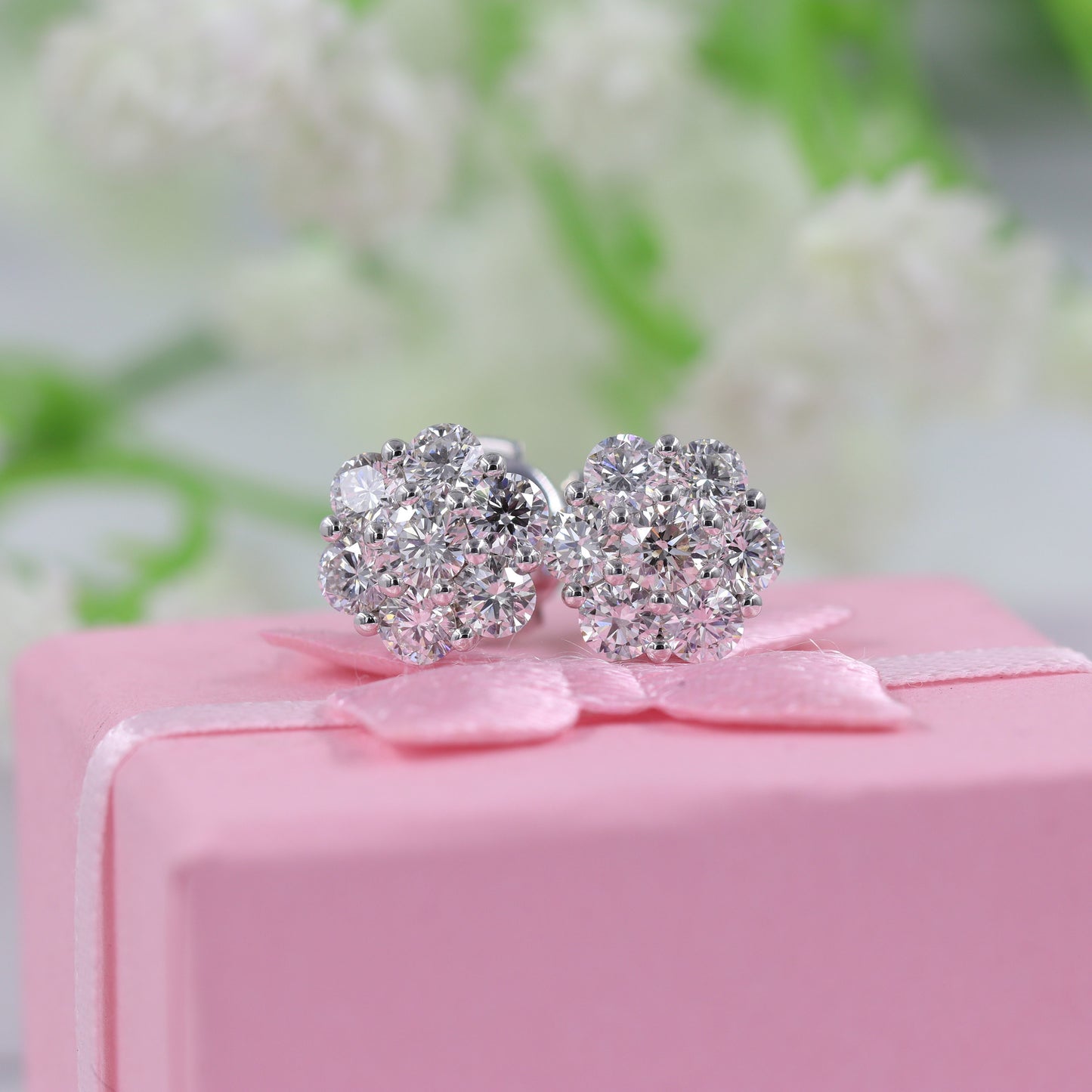 1.6ct Natural Diamond Flower Stud Earrings: 14K Gold, European Lock - Anniversary gift