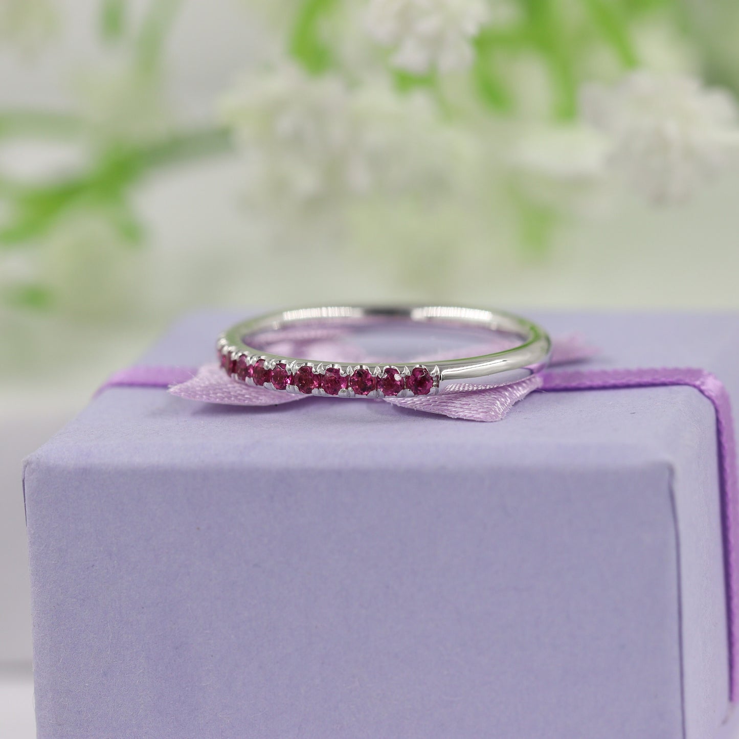 14K Gold Pink Sapphire Eternity Ring - Handmade Anniversary Band