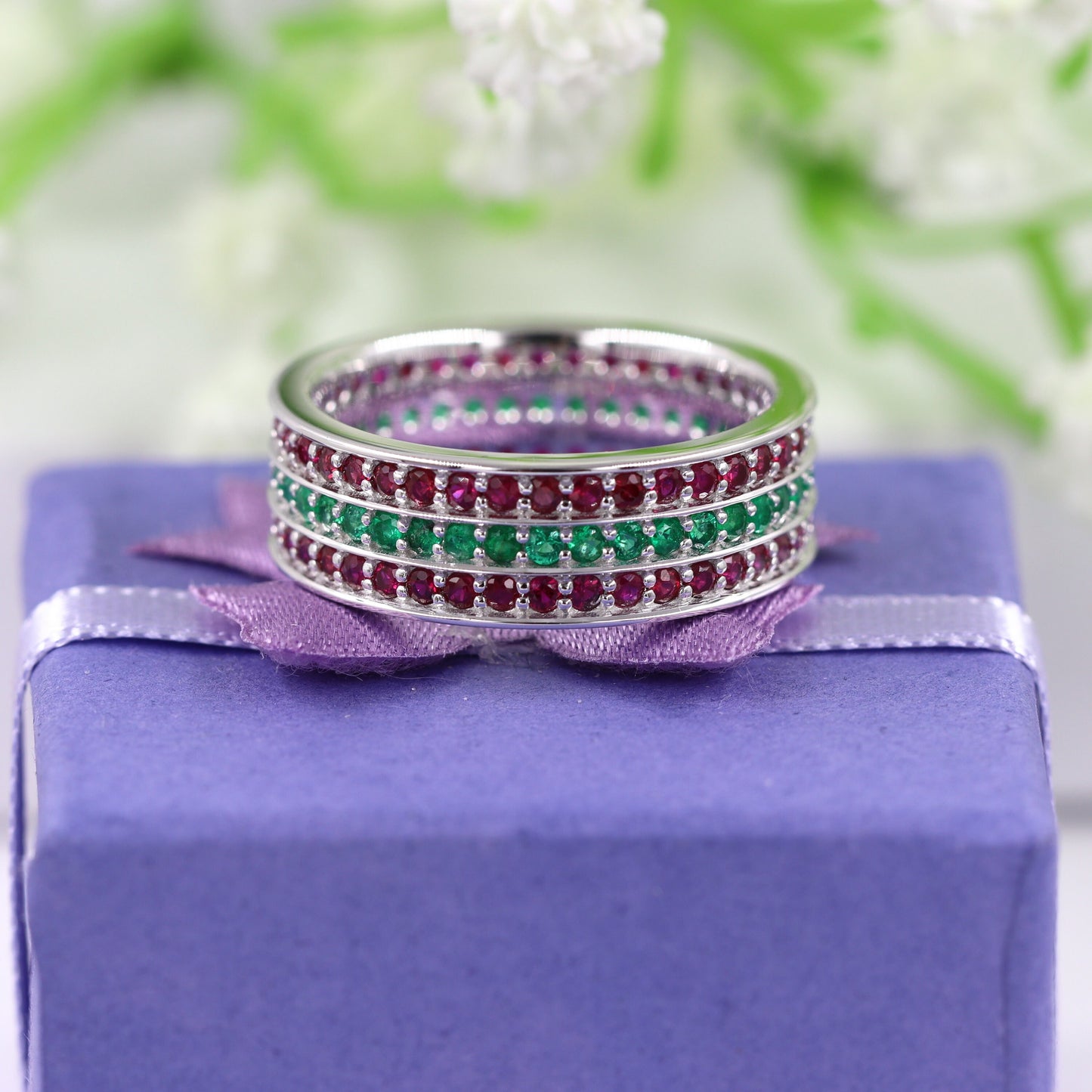 Emerald & Ruby Eternity Ring: 14k Gold Anniversary Band, 7mm